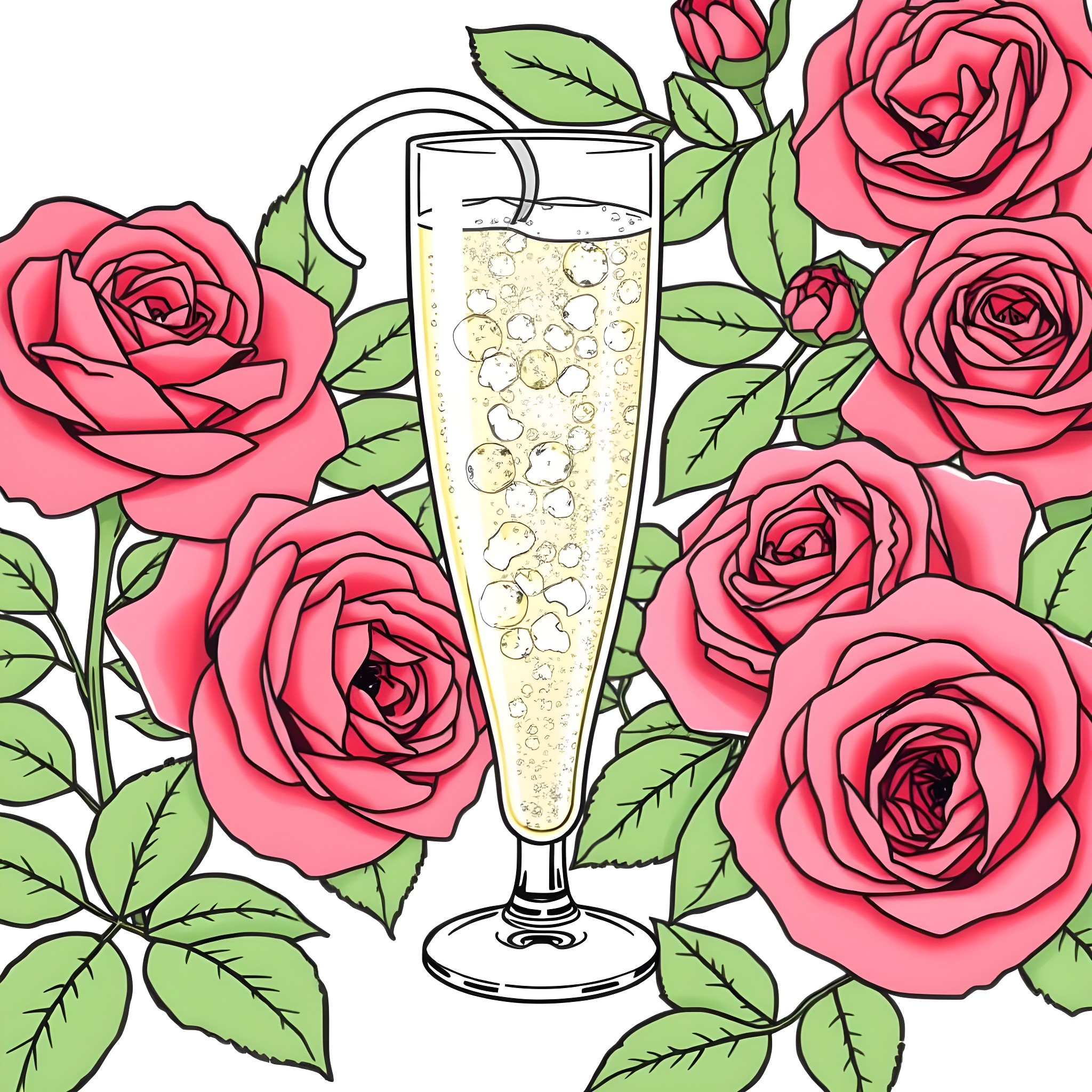 Mtn Dew sparkling drink surrounded by vibrant roses Coloring Page (free black-and-white line drawing printable PDF for all, from beginners to advanced learners, including children, teens, adults, and seniors)