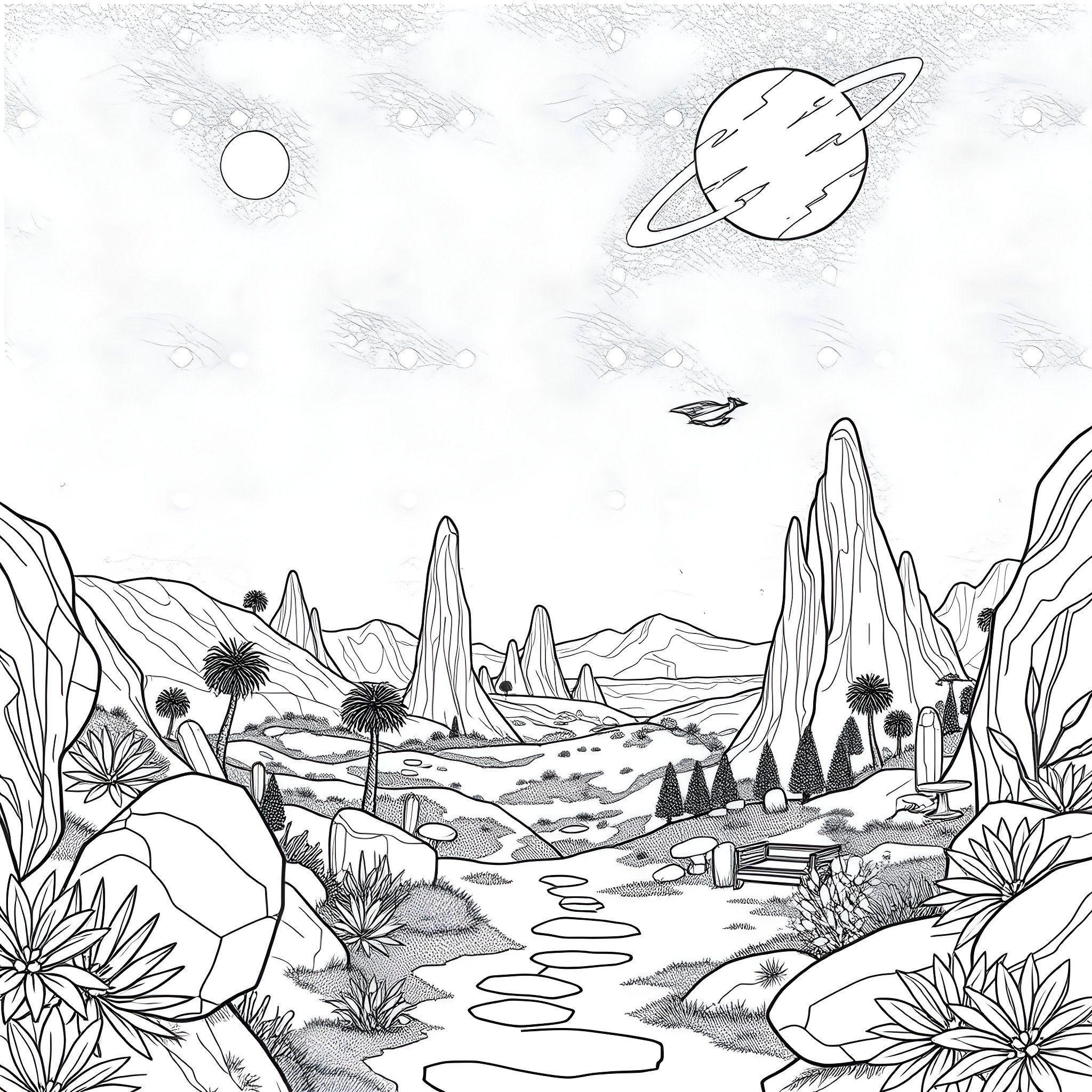 Martin Park's Otherworldly Landscape Coloring Page (free black-and-white line drawing printable PDF for all, from beginners to advanced learners, including children, teens, adults, and seniors)
