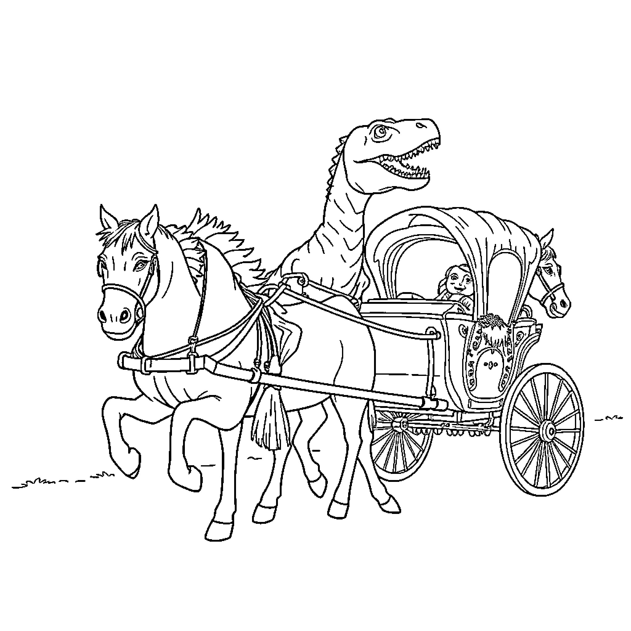 Carriage pulled by horses and dinosaurs Coloring Page (free black-and-white line drawing printable PDF for all, from beginners to advanced learners, including children, teens, adults, and seniors)