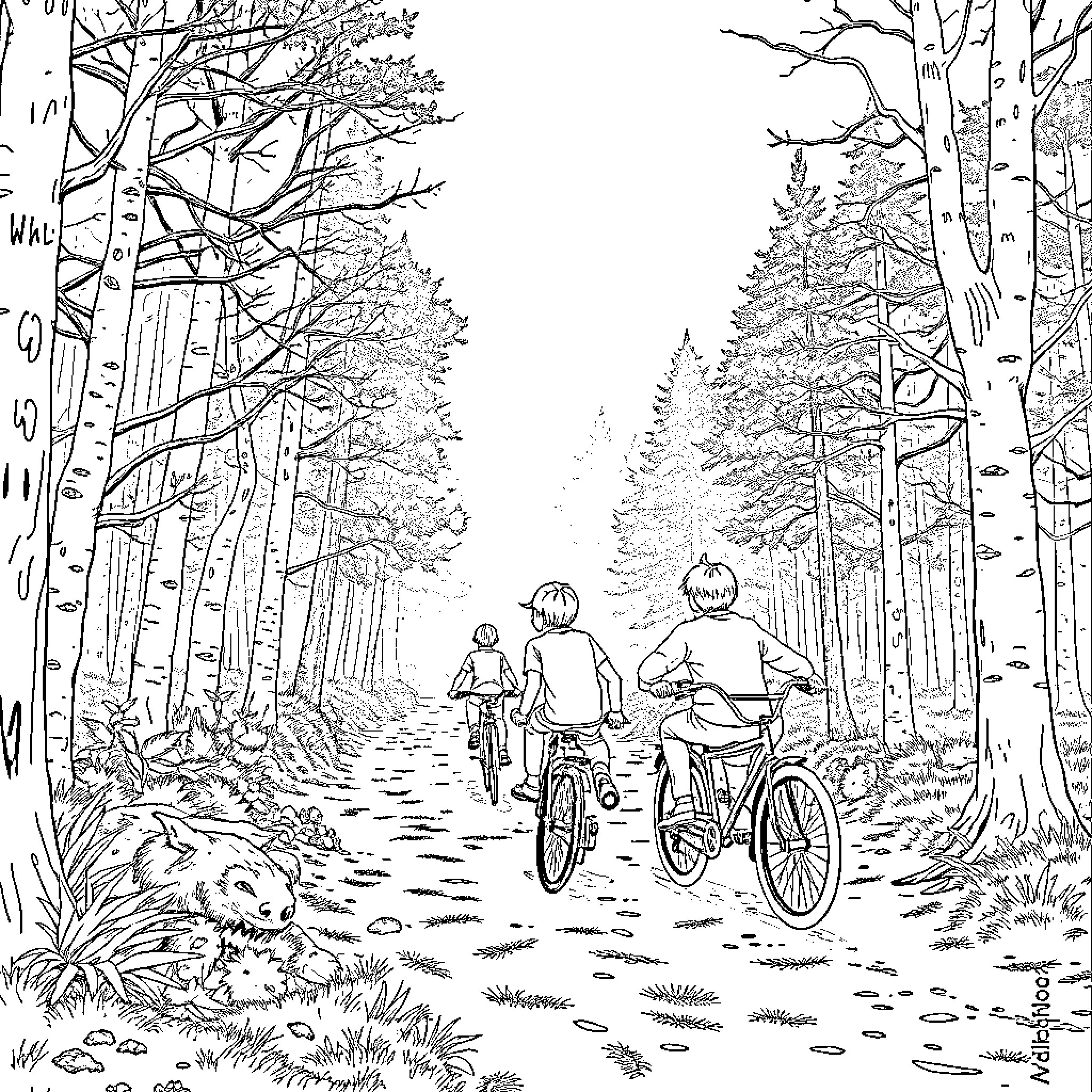 Stranger Things in the Enchanted Forest Coloring Page (free black-and-white line drawing printable PDF for all, from beginners to advanced learners, including children, teens, adults, and seniors)