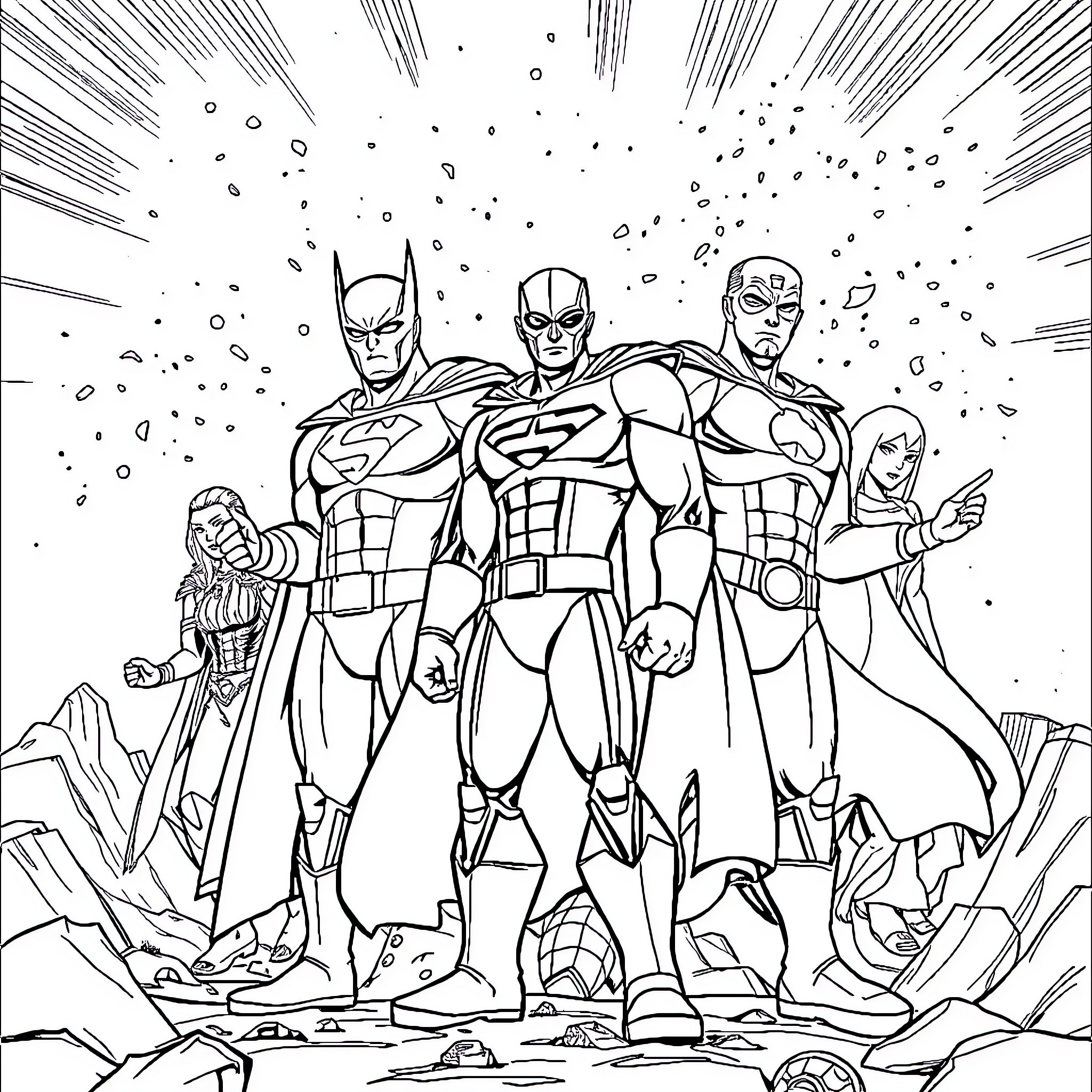 Hero Superheroes Battle in Cosmic Clash Coloring Page (free black-and-white line drawing printable PDF for all, from beginners to advanced learners, including children, teens, adults, and seniors)