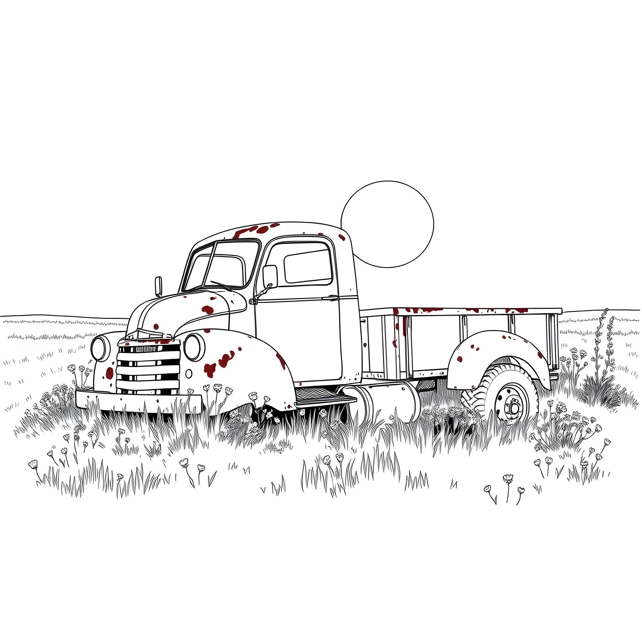 Truck parked in the rural field Coloring Page (free black-and-white line drawing printable PDF for all, from beginners to advanced learners, including children, teens, adults, and seniors)