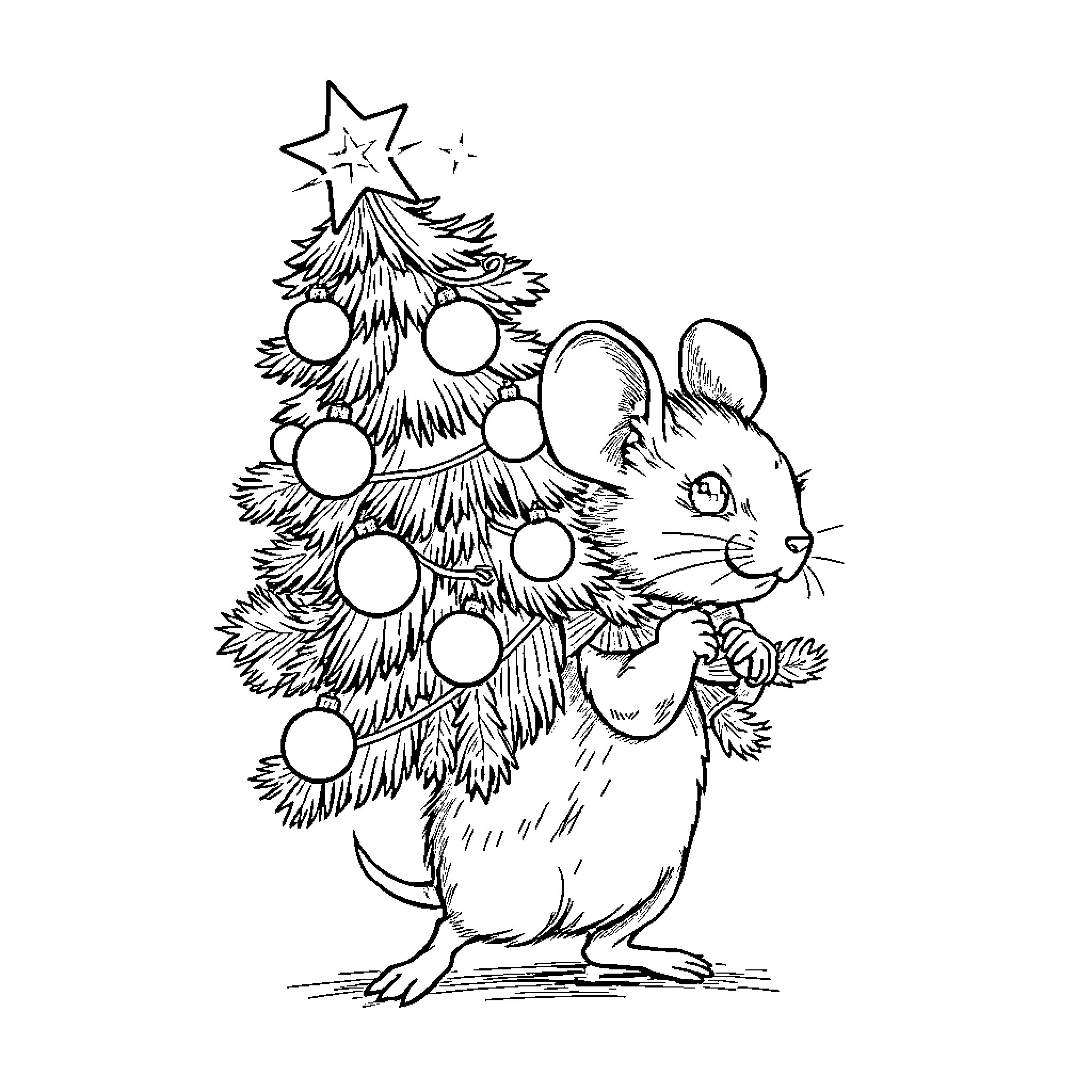 Mouse decorating Christmas tree with ornaments Coloring Page (free black-and-white line drawing printable PDF for all, from beginners to advanced learners, including children, teens, adults, and seniors)