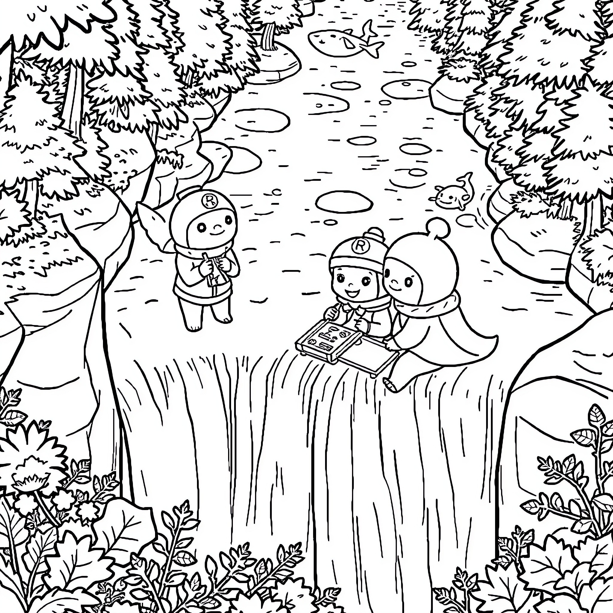 Octonauts Exploring the Enchanted Forest Coloring Page (free black-and-white line drawing printable PDF for all, from beginners to advanced learners, including children, teens, adults, and seniors)
