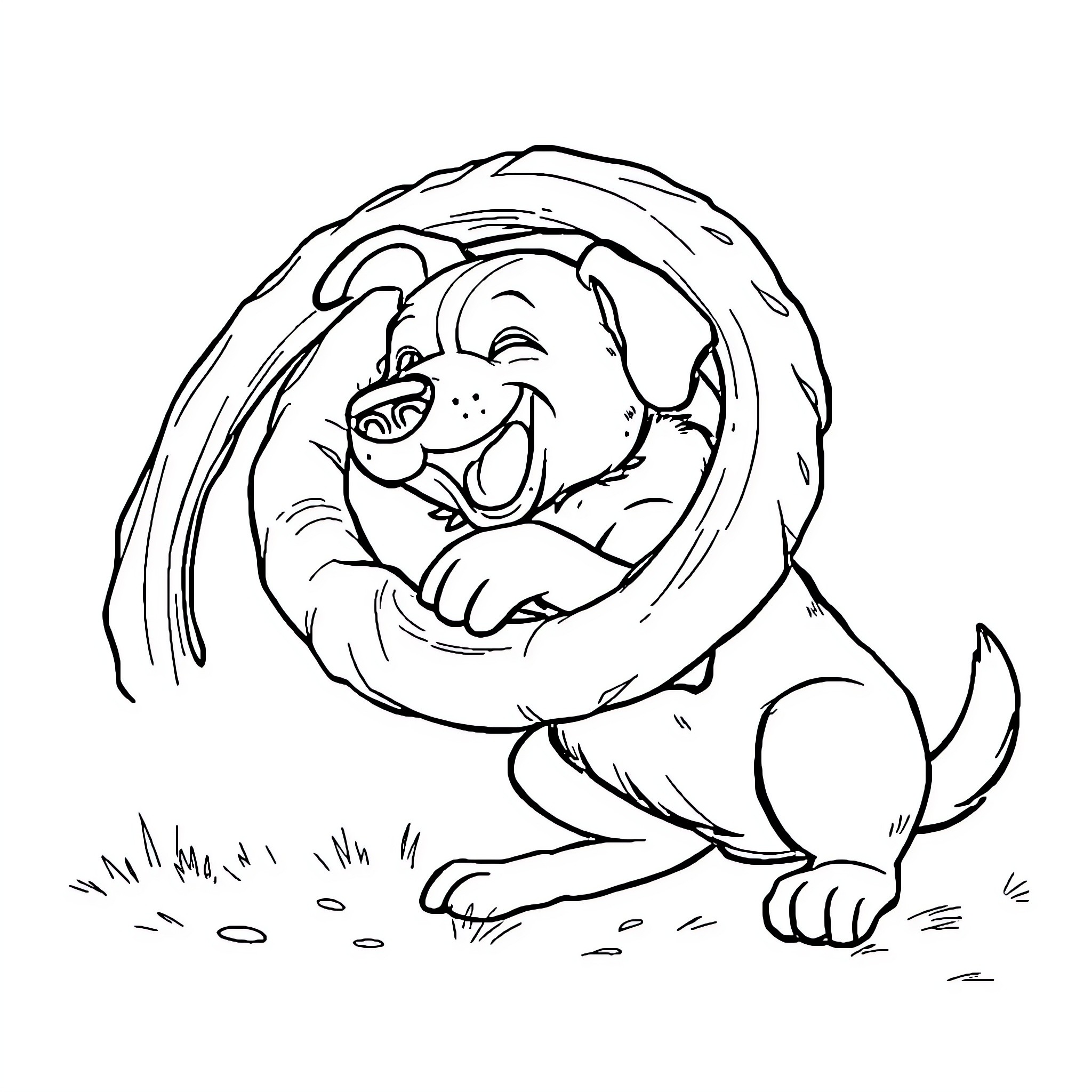 Dog curled up happily in soft blanket Coloring Page (free black-and-white line drawing printable PDF for all, from beginners to advanced learners, including children, teens, adults, and seniors)