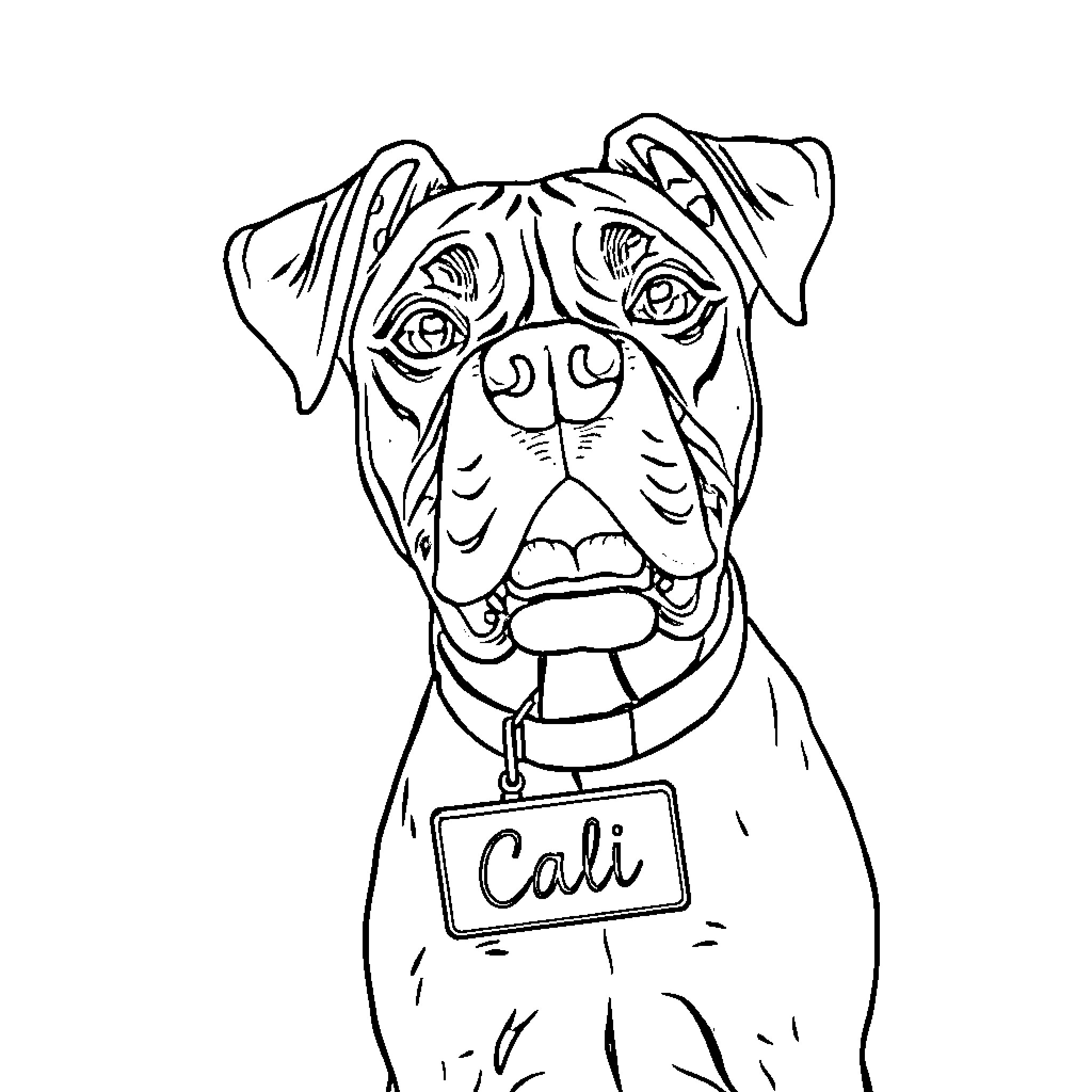 Boxer dog with collar and tag Coloring Page (free black-and-white line drawing printable PDF for all, from beginners to advanced learners, including children, teens, adults, and seniors)