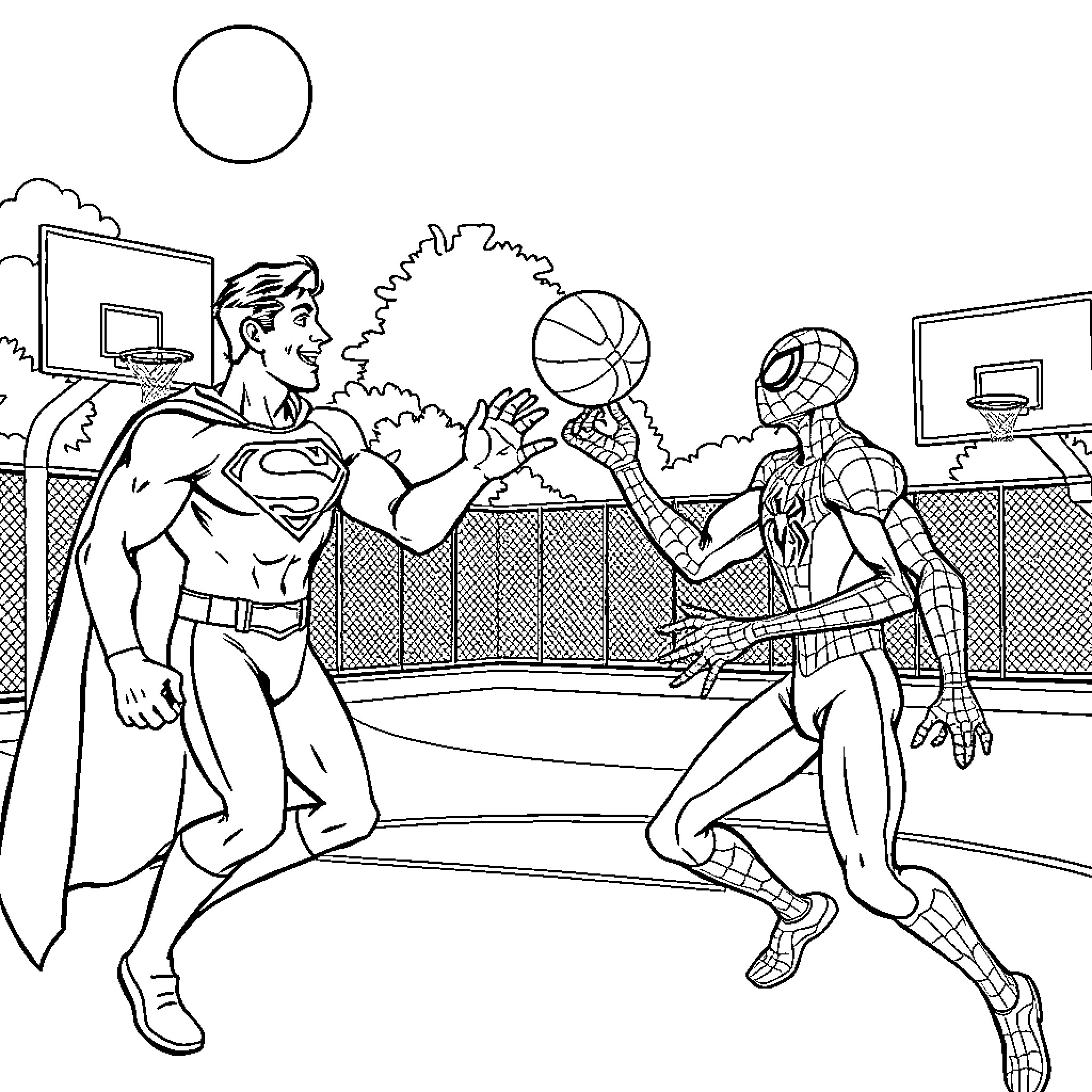 Superhero basketball game on the court Coloring Page (free black-and-white line drawing printable PDF for all, from beginners to advanced learners, including children, teens, adults, and seniors)