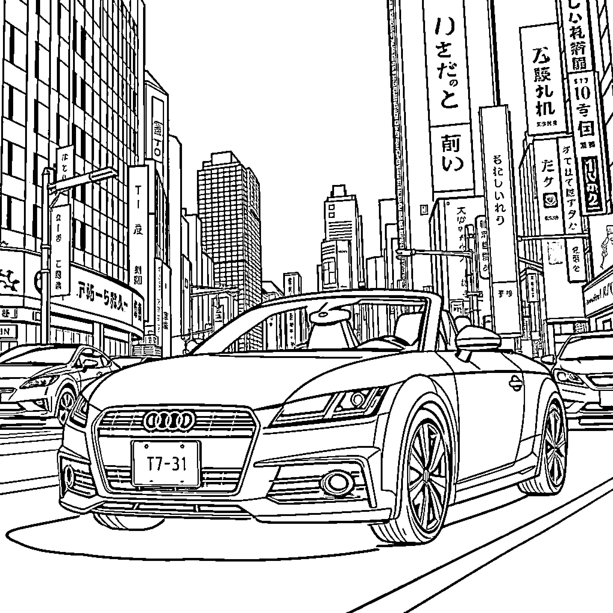 Audi sports car in busy urban city street Coloring Page (free black-and-white line drawing printable PDF for all, from beginners to advanced learners, including children, teens, adults, and seniors)