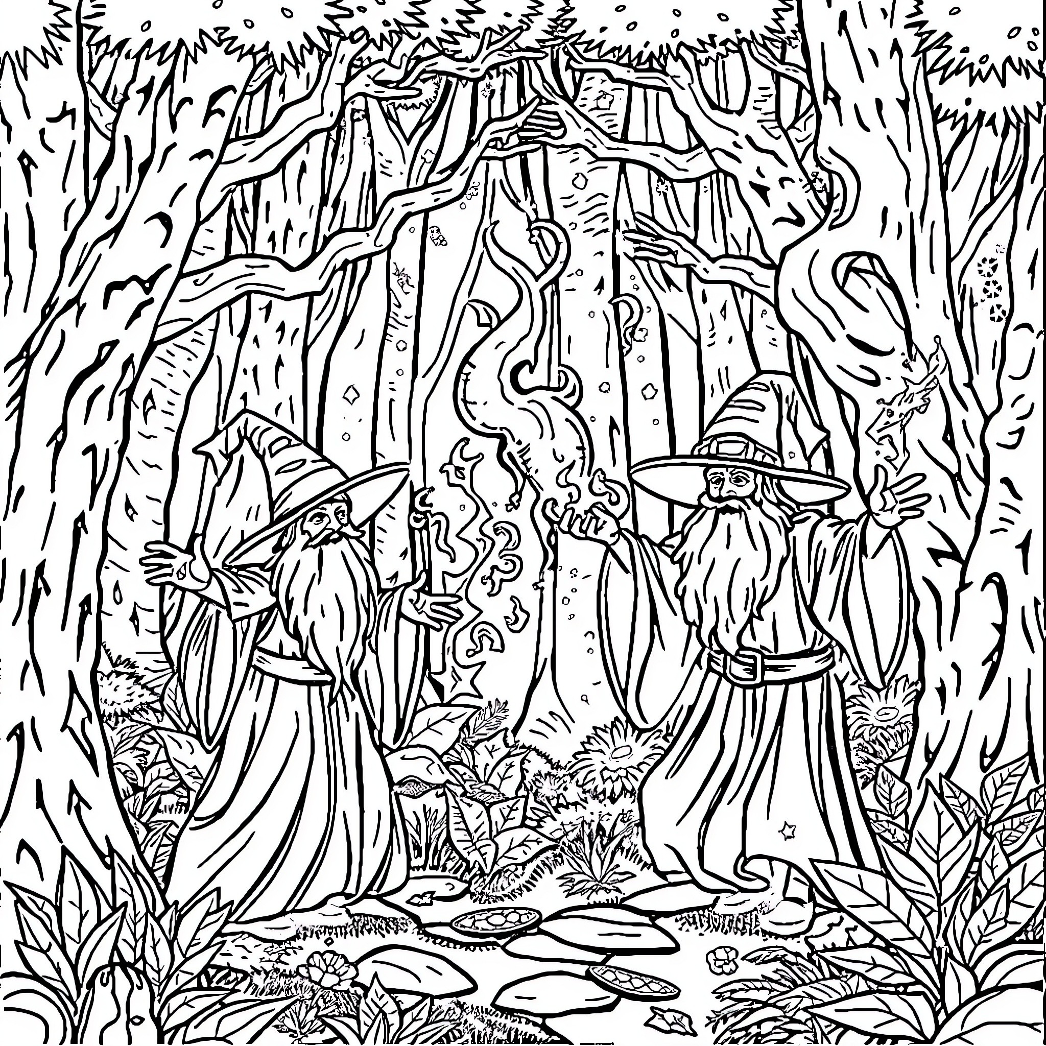 Wizard performing magical rituals in enchanted forest Coloring Page (free black-and-white line drawing printable PDF for all, from beginners to advanced learners, including children, teens, adults, and seniors)