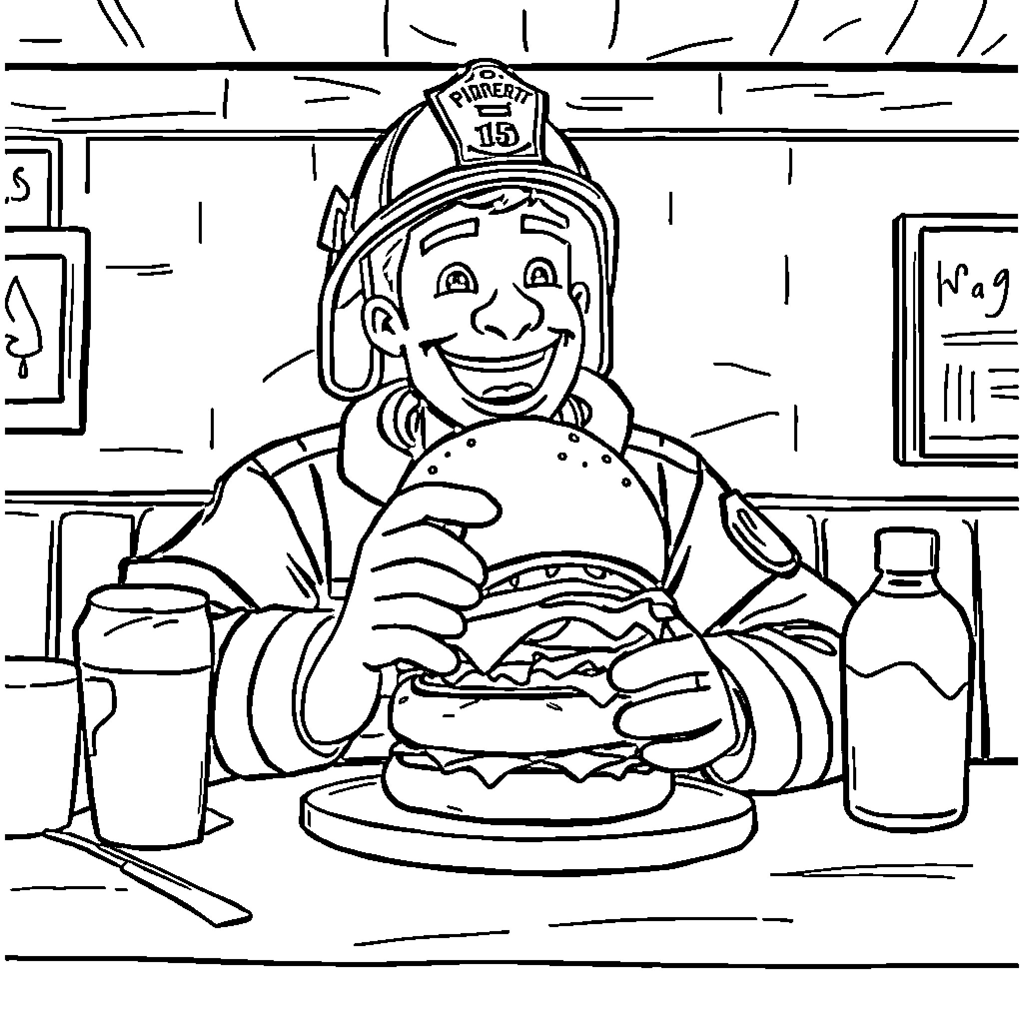 Firefighter enjoying a hearty meal Coloring Page (free black-and-white line drawing printable PDF for all, from beginners to advanced learners, including children, teens, adults, and seniors)