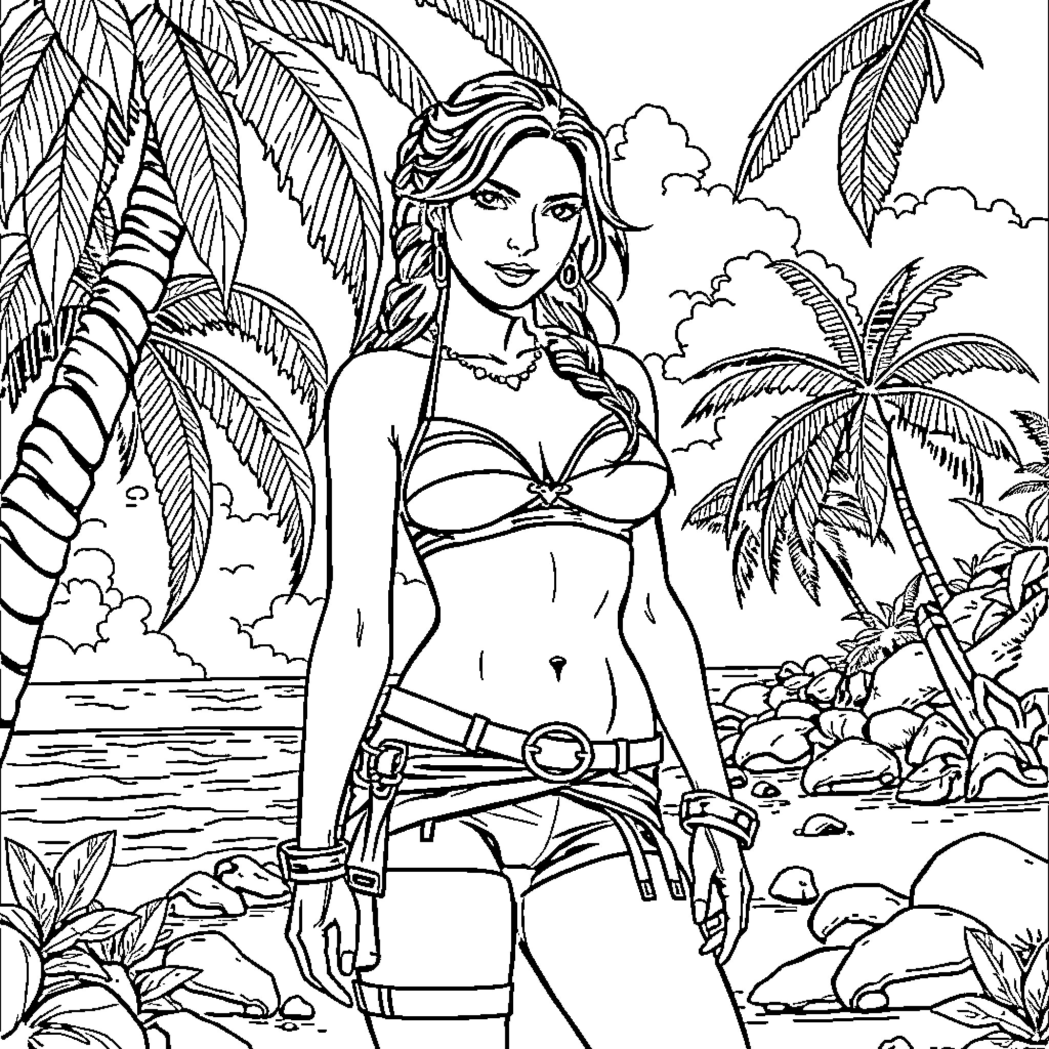 Lara Croft exploring a tropical paradise Coloring Page (free black-and-white line drawing printable PDF for all, from beginners to advanced learners, including children, teens, adults, and seniors)