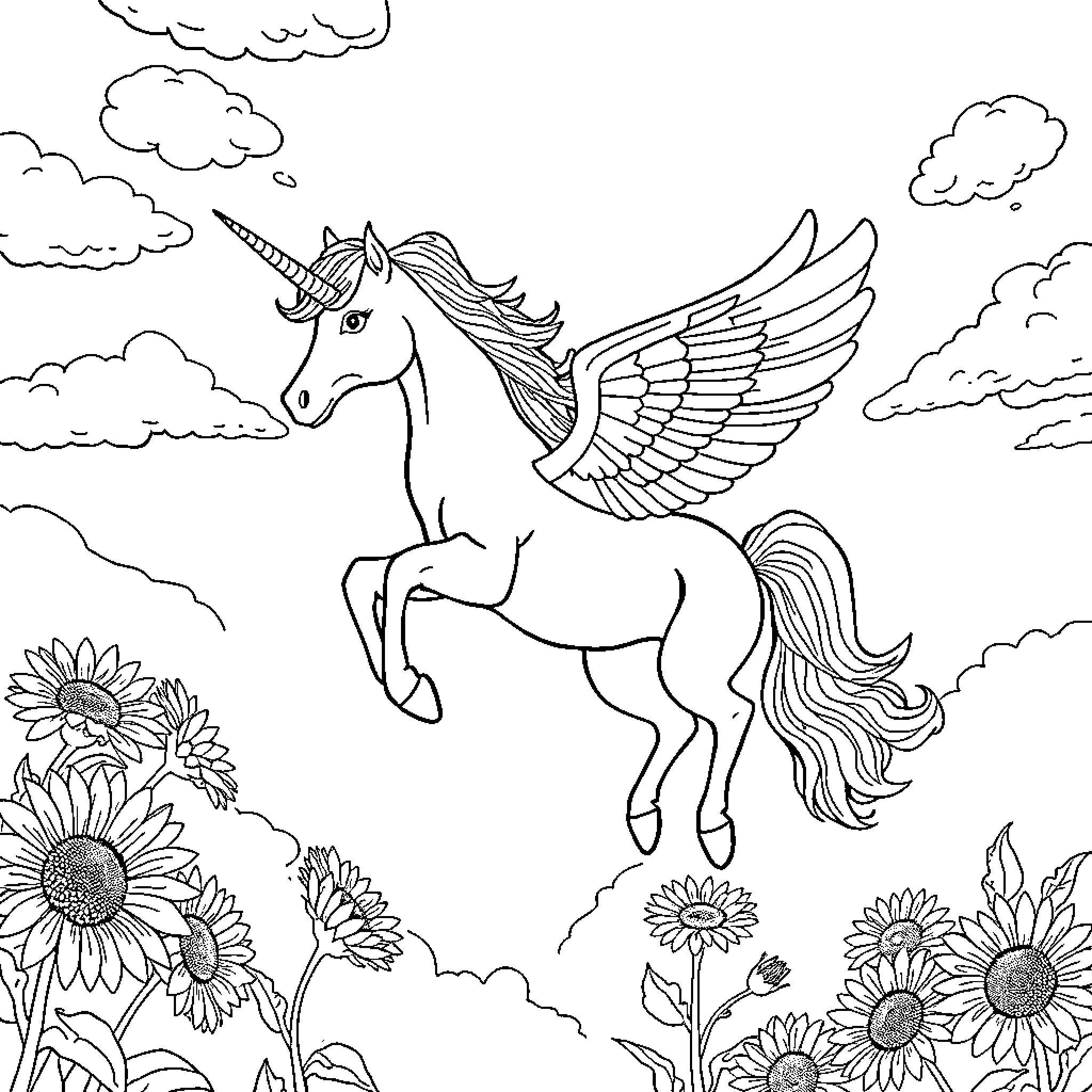 Unicorn soaring through the cloudy skies Coloring Page (free black-and-white line drawing printable PDF for all, from beginners to advanced learners, including children, teens, adults, and seniors)