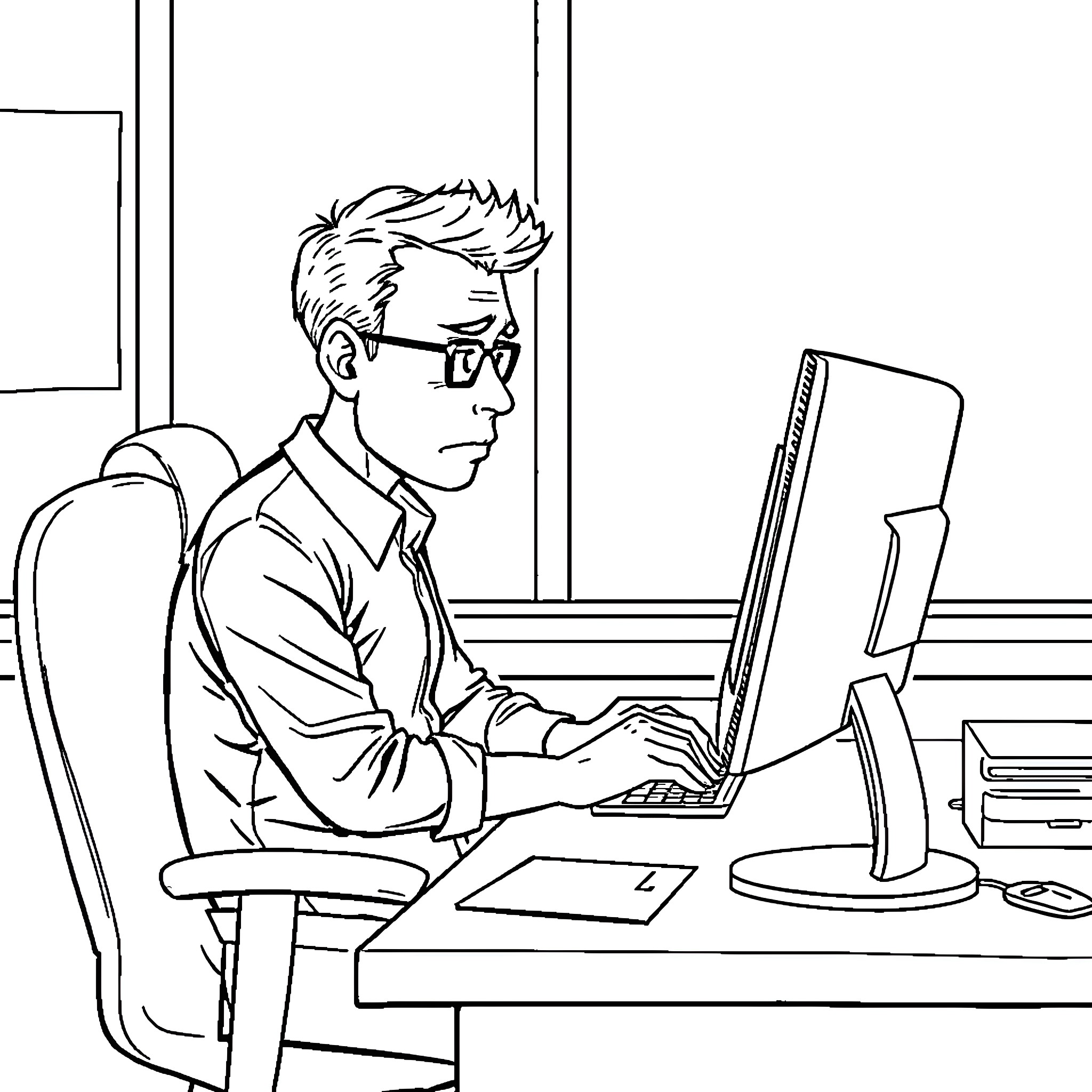 Office Worker Intently Typing at Computer Desk Coloring Page (free black-and-white line drawing printable PDF for all, from beginners to advanced learners, including children, teens, adults, and seniors)