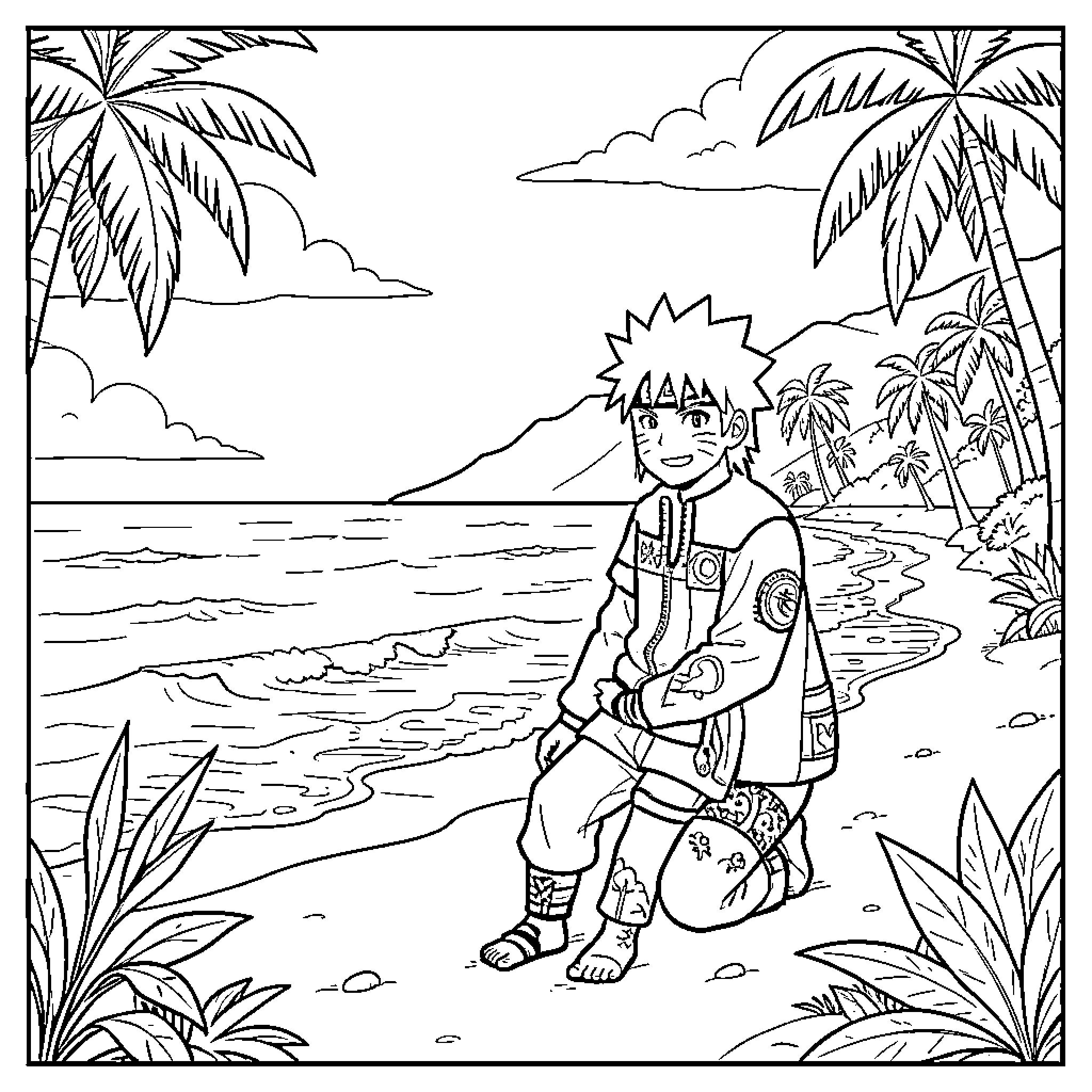 Naruto enjoying a peaceful day at the beach Coloring Page (free black-and-white line drawing printable PDF for all, from beginners to advanced learners, including children, teens, adults, and seniors)