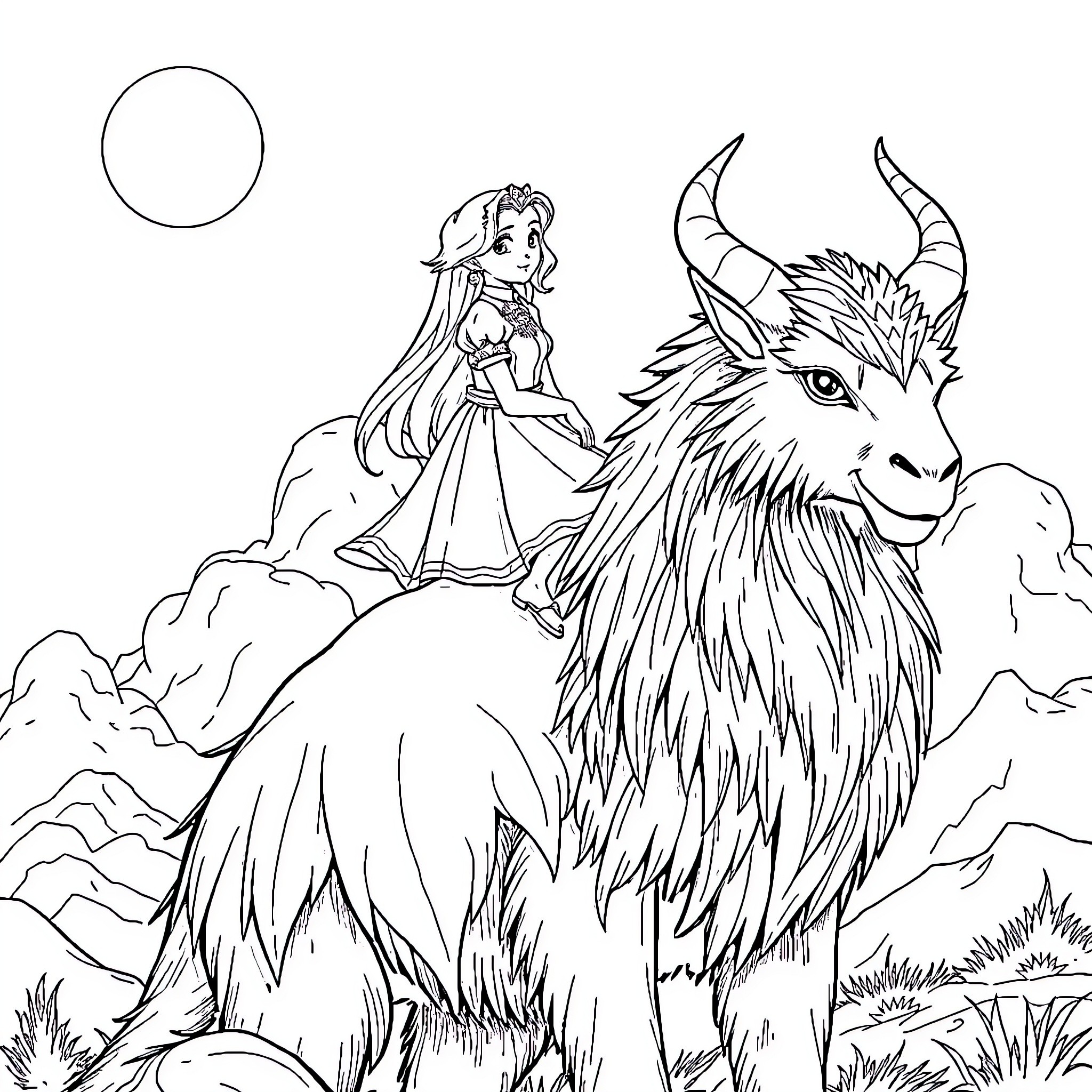 Violet's Mythical Mountain Adventure Coloring Page (free black-and-white line drawing printable PDF for all, from beginners to advanced learners, including children, teens, adults, and seniors)