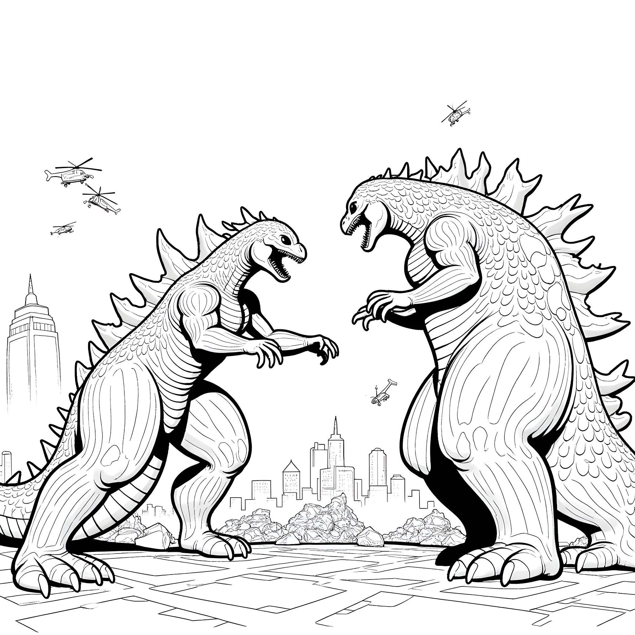 Godzilla and Rodan battle in the city Coloring Page (free black-and-white line drawing printable PDF for all, from beginners to advanced learners, including children, teens, adults, and seniors)