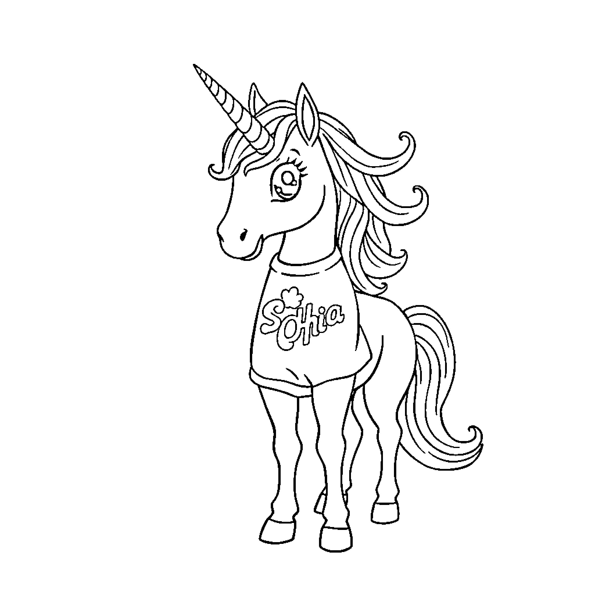 Unicorn in a whimsical outfit with a graphic tee Coloring Page (free black-and-white line drawing printable PDF for all, from beginners to advanced learners, including children, teens, adults, and seniors)