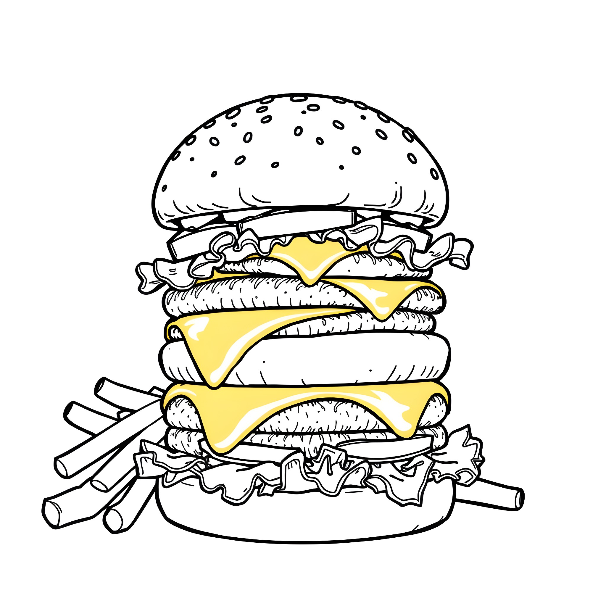 Cheeseburger with delicious ingredients and fries Coloring Page (free black-and-white line drawing printable PDF for all, from beginners to advanced learners, including children, teens, adults, and seniors)