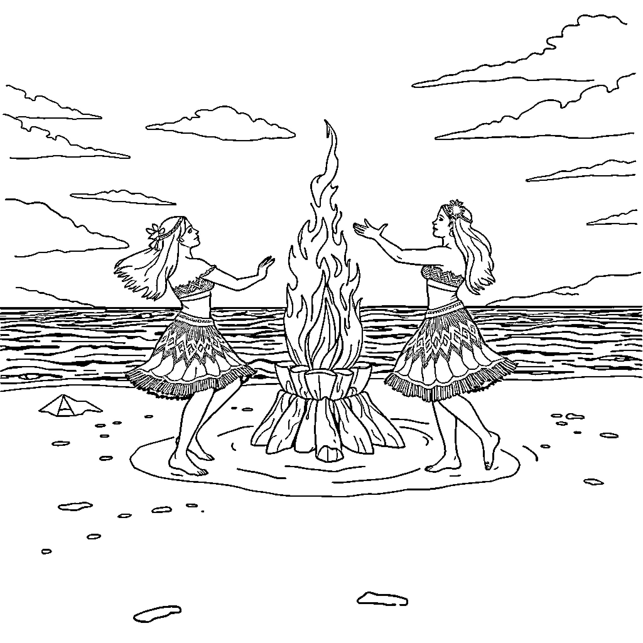 ICE Tribal Dancers Performing by Campfire Coloring Page (free black-and-white line drawing printable PDF for all, from beginners to advanced learners, including children, teens, adults, and seniors)