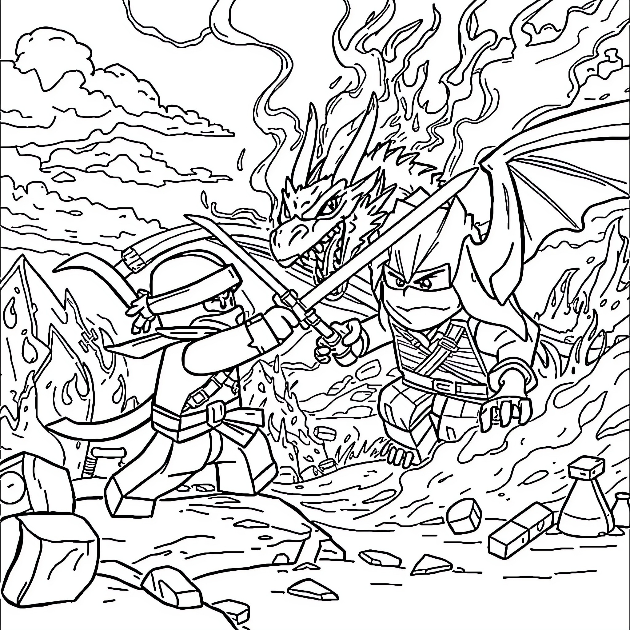 Ninjago Warriors Battling a Fierce Dragon Coloring Page (free black-and-white line drawing printable PDF for all, from beginners to advanced learners, including children, teens, adults, and seniors)