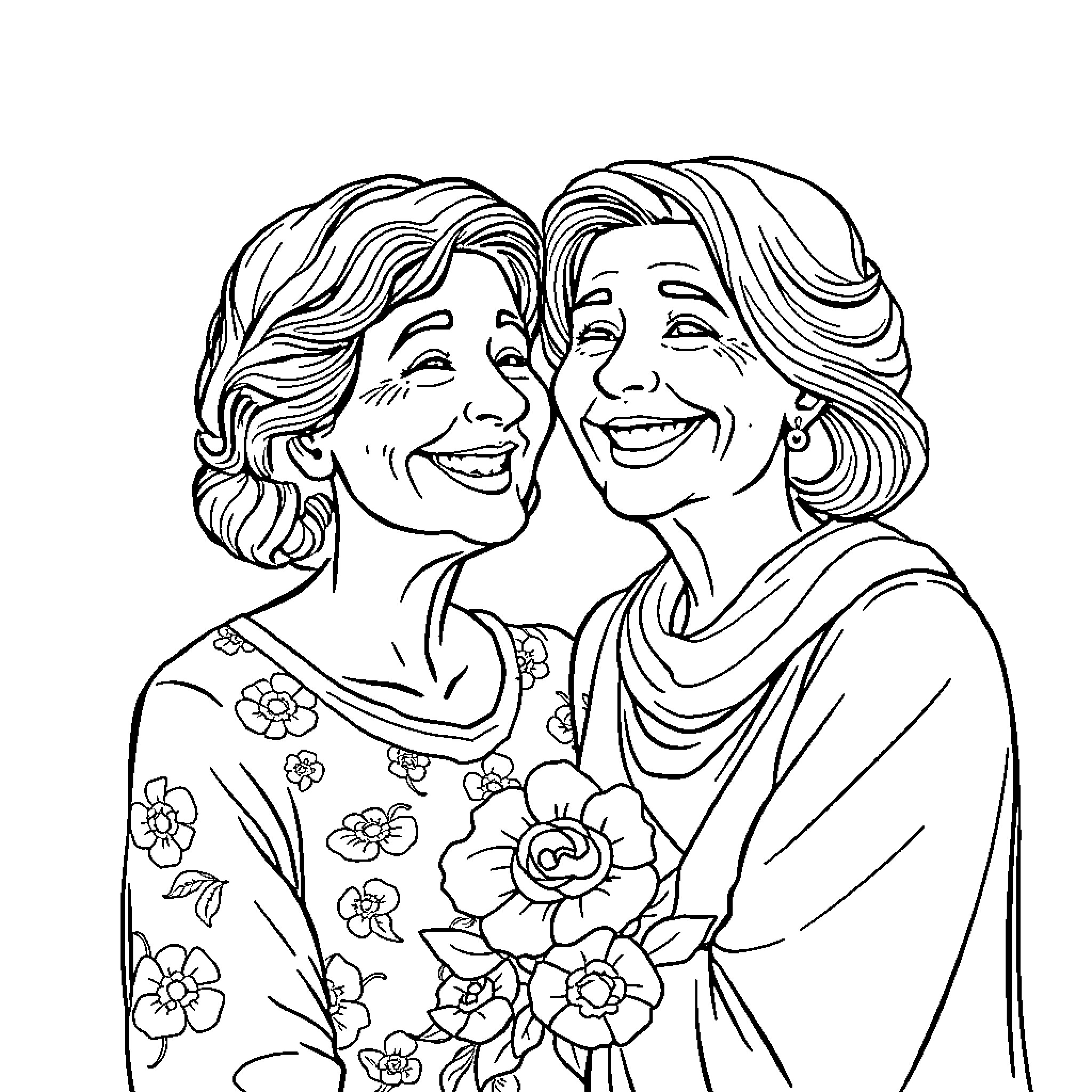 Mom and Daughter Sharing a Joyful Embrace Coloring Page (free black-and-white line drawing printable PDF for all, from beginners to advanced learners, including children, teens, adults, and seniors)