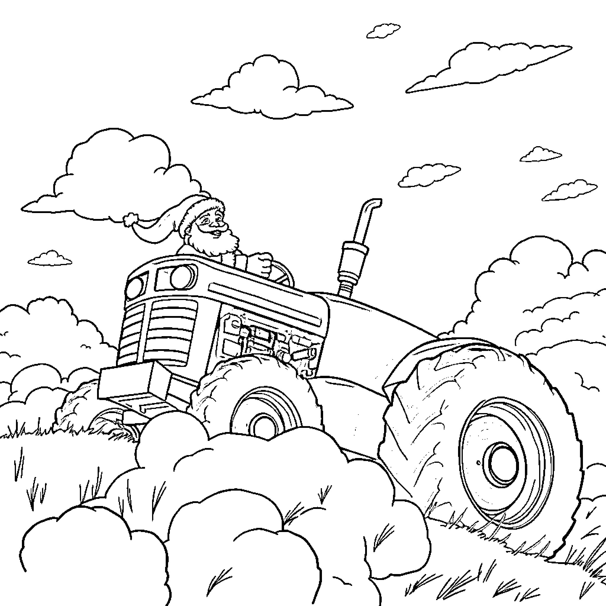 Santa driving a tractor on a countryside scene Coloring Page (free black-and-white line drawing printable PDF for all, from beginners to advanced learners, including children, teens, adults, and seniors)