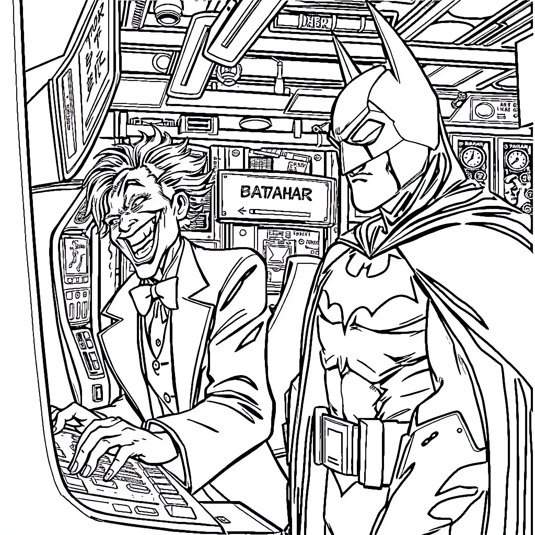 Joker's Mischievous Antics in the Batmobile Coloring Page (free black-and-white line drawing printable PDF for all, from beginners to advanced learners, including children, teens, adults, and seniors)