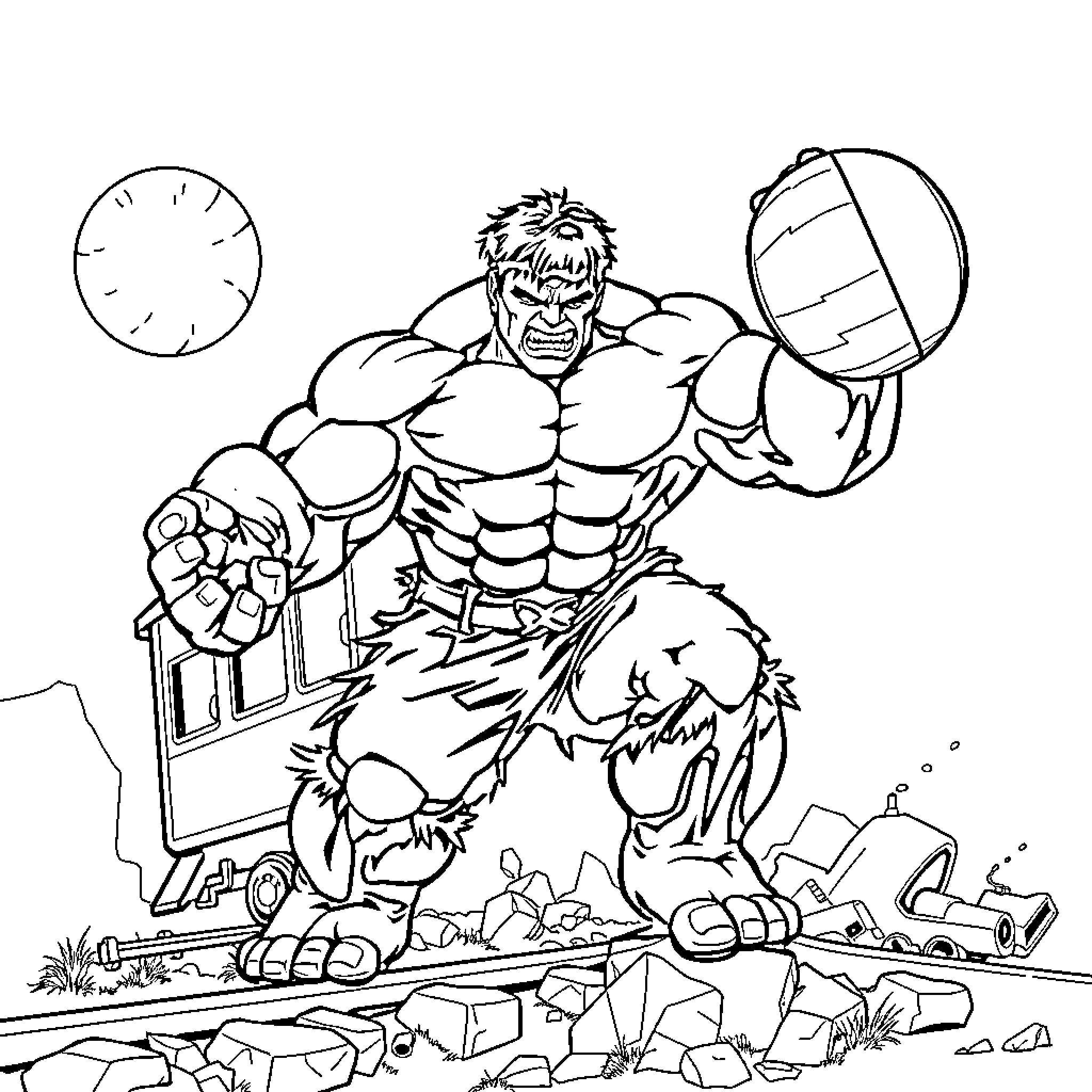 Hulk Demolishing Environment with Anger and Strength Coloring Page (free black-and-white line drawing printable PDF for all, from beginners to advanced learners, including children, teens, adults, and seniors)