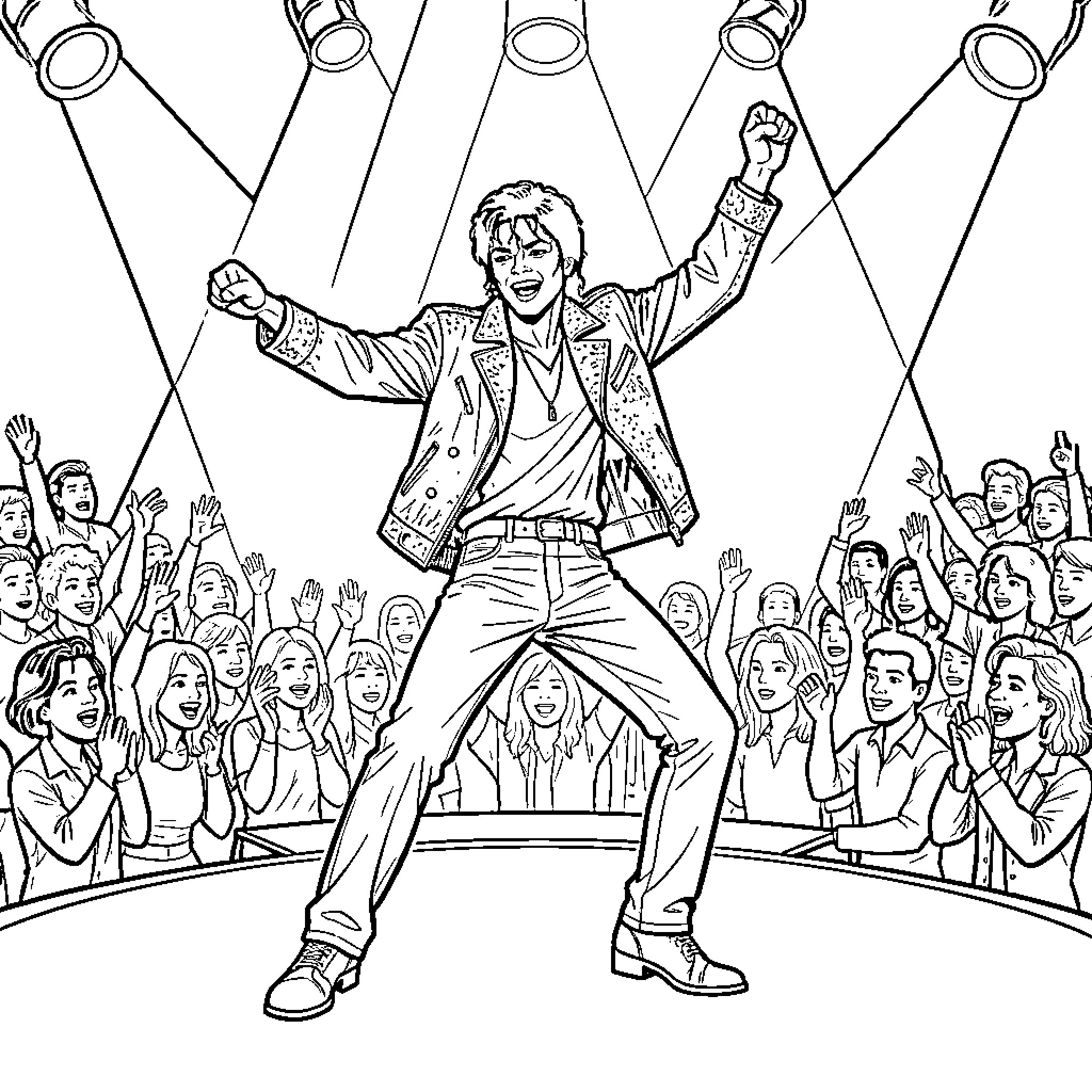 Michael Jackson performing energetically on stage for a crowd Coloring Page (free black-and-white line drawing printable PDF for all, from beginners to advanced learners, including children, teens, adults, and seniors)