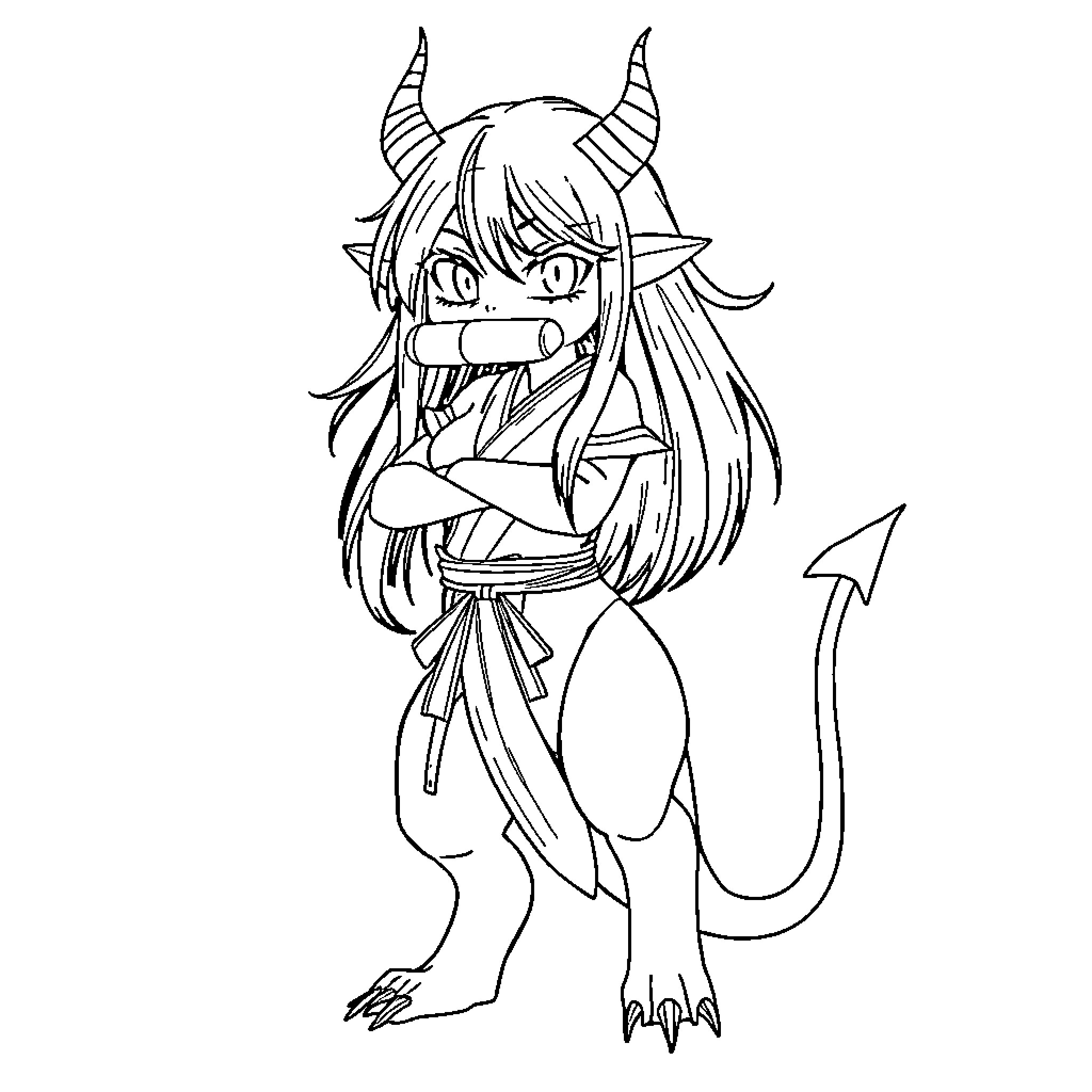 Nesuko's Playful Demonic Delight Coloring Page (free black-and-white line drawing printable PDF for all, from beginners to advanced learners, including children, teens, adults, and seniors)