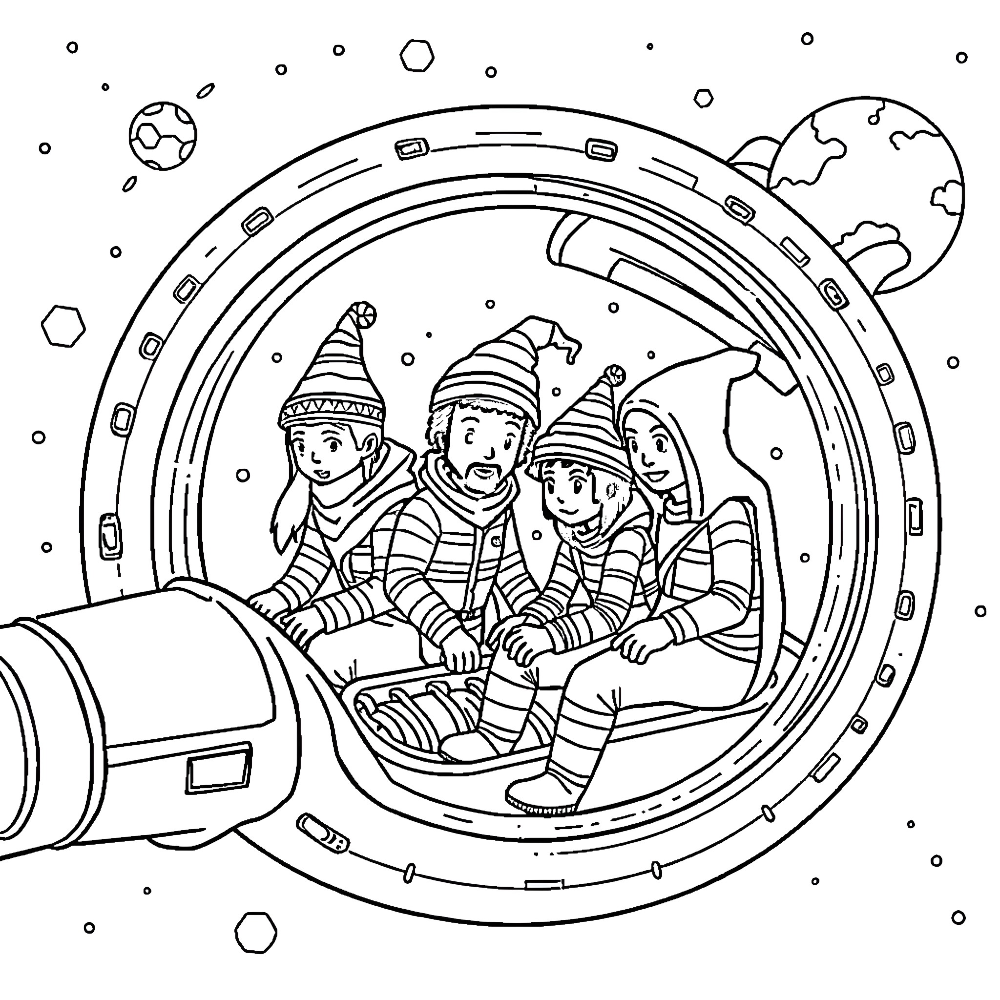 Among Us Characters Explore the Cosmos Coloring Page (free black-and-white line drawing printable PDF for all, from beginners to advanced learners, including children, teens, adults, and seniors)