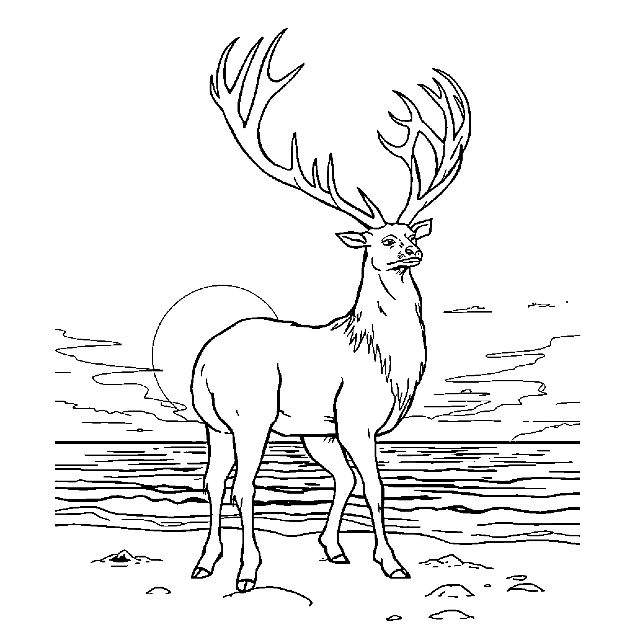 Deer Monster standing proudly in the wilderness Coloring Page (free black-and-white line drawing printable PDF for all, from beginners to advanced learners, including children, teens, adults, and seniors)