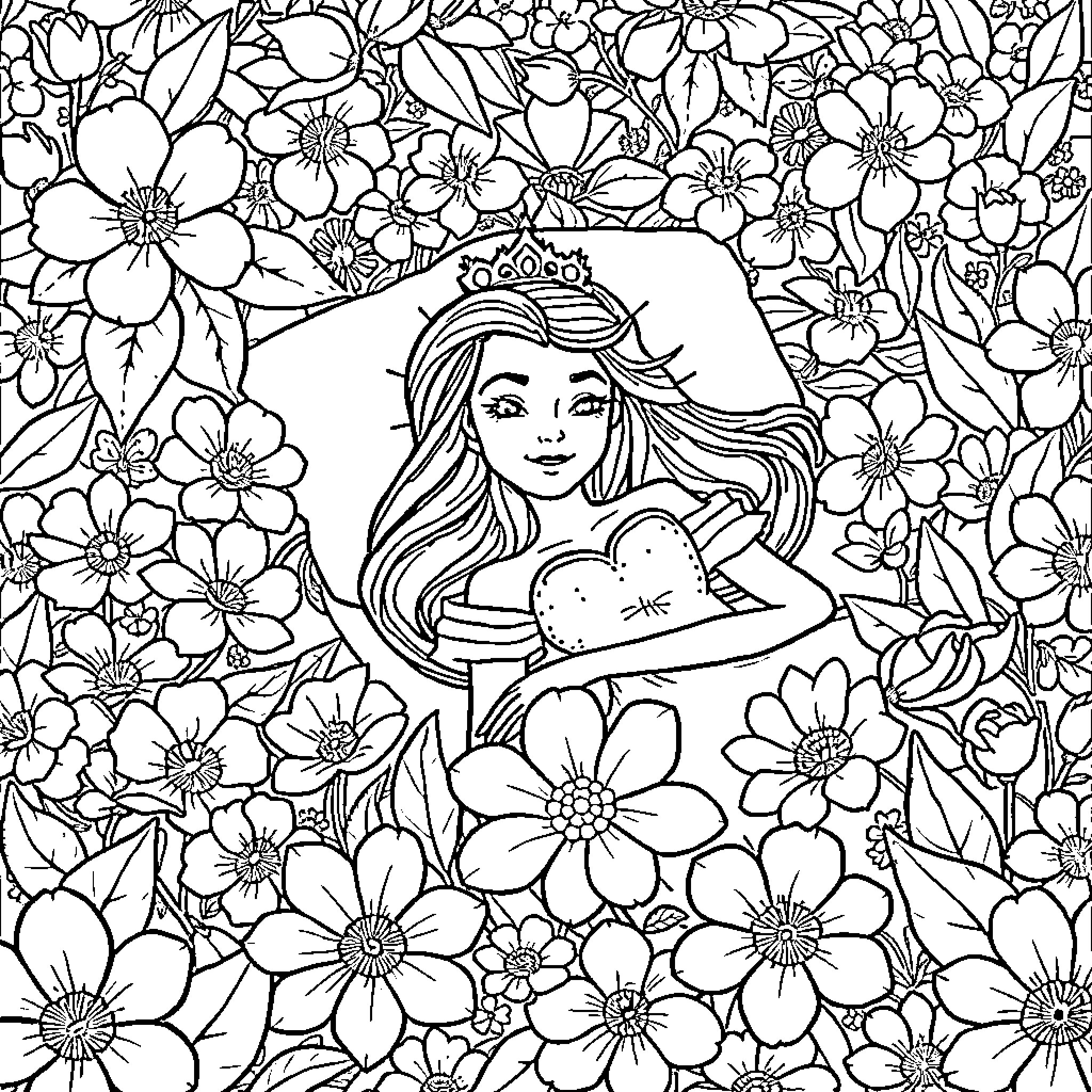 Princess in Floral Garden Coloring Page (free black-and-white line drawing printable PDF for all, from beginners to advanced learners, including children, teens, adults, and seniors)