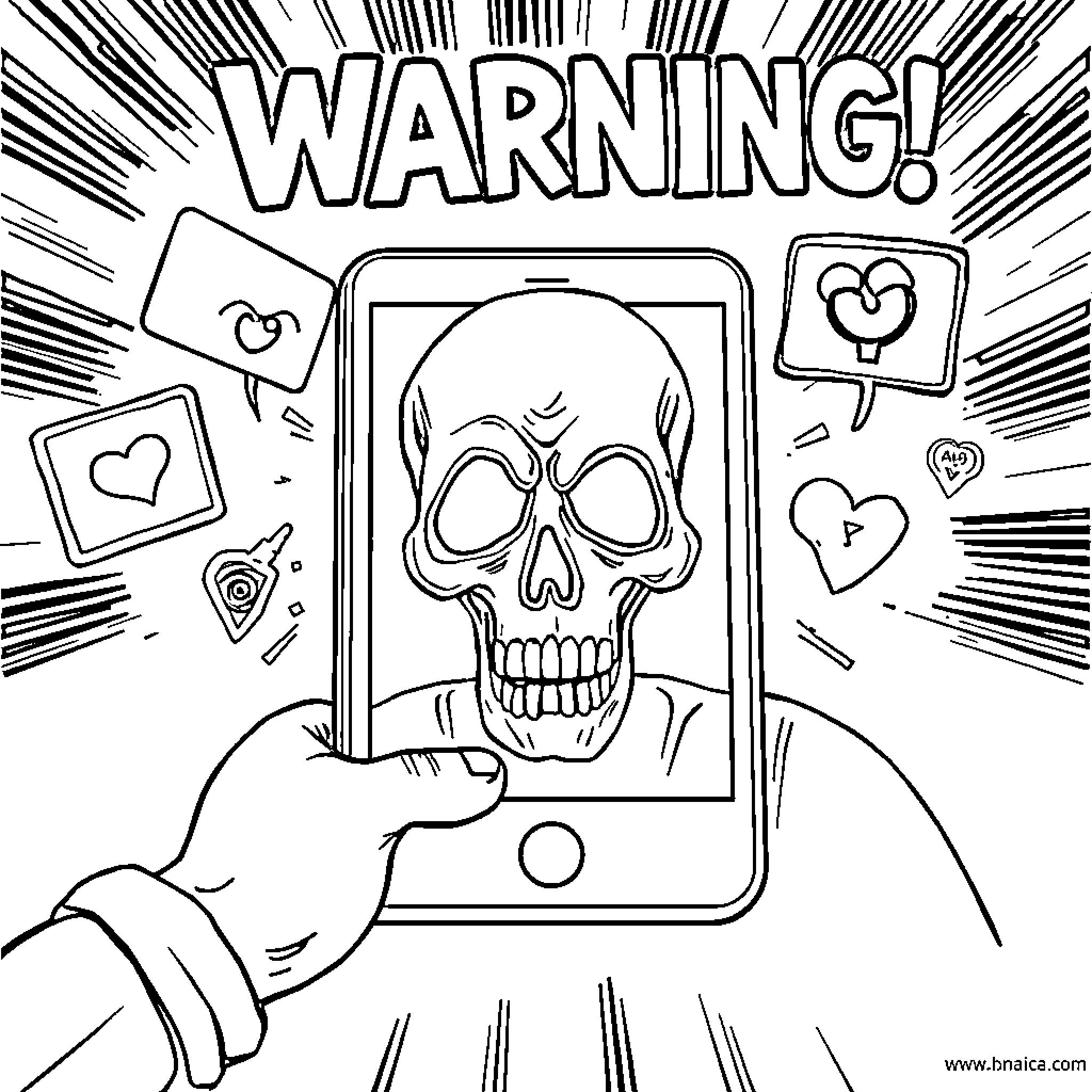 Social Media Warns of Dangerous Content Coloring Page (free black-and-white line drawing printable PDF for all, from beginners to advanced learners, including children, teens, adults, and seniors)