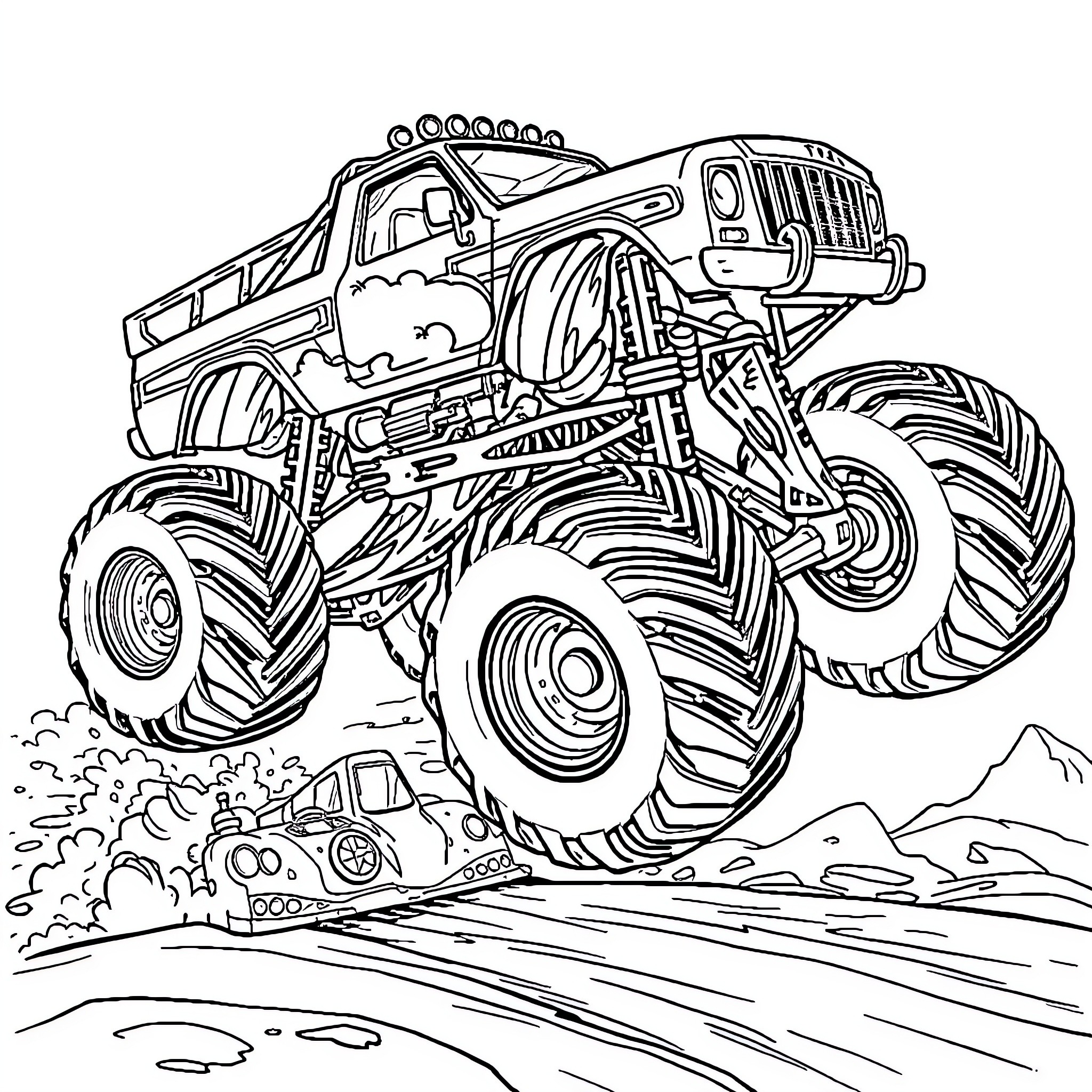 Gravedigger Monster Truck Crushing Obstacles Coloring Page (free black-and-white line drawing printable PDF for all, from beginners to advanced learners, including children, teens, adults, and seniors)