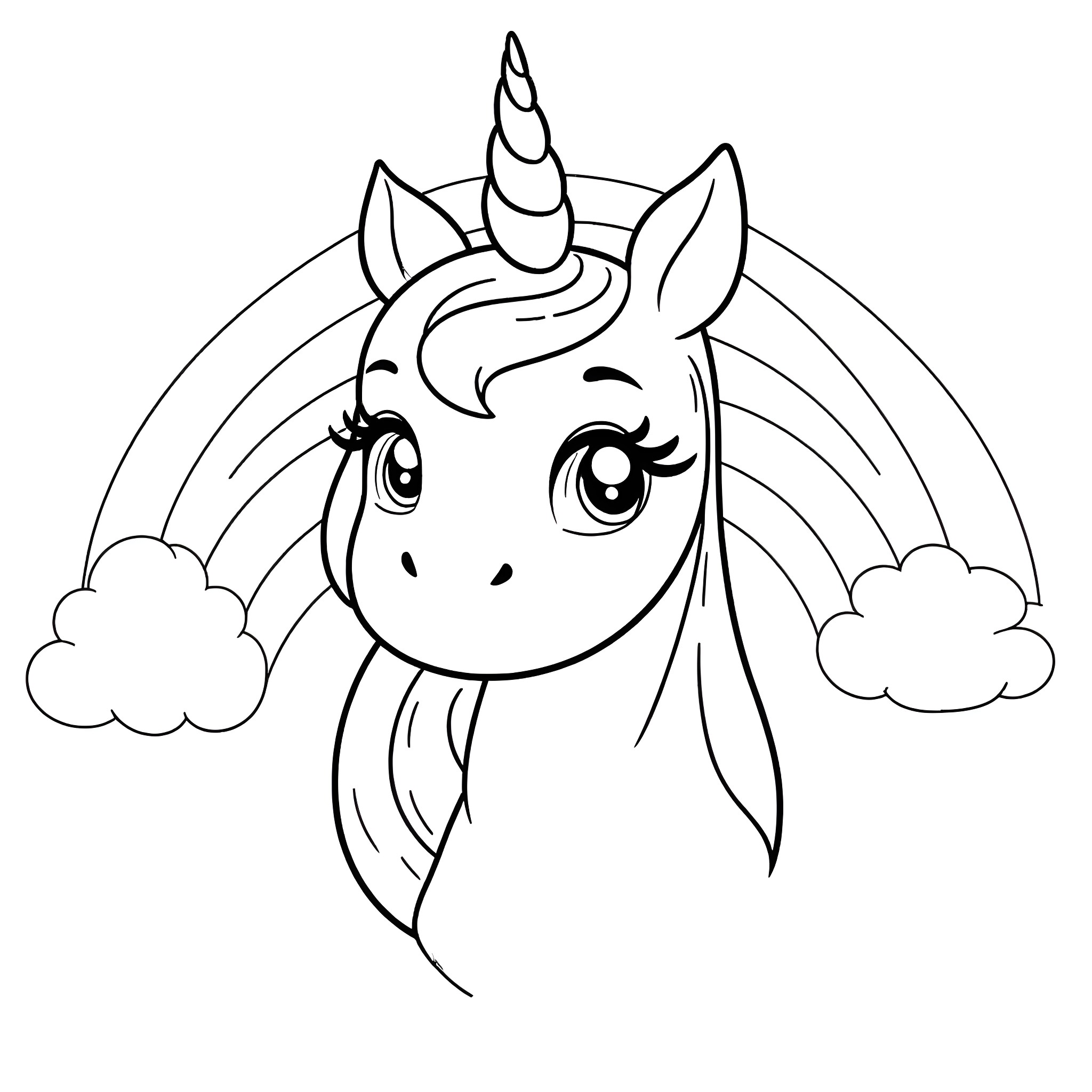 Unicorn gazing at rainbow clouds Coloring Page (free black-and-white line drawing printable PDF for all, from beginners to advanced learners, including children, teens, adults, and seniors)