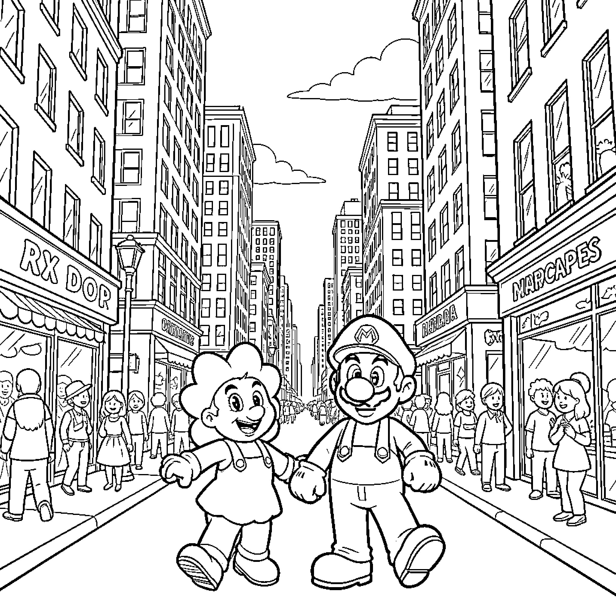 Daisy and Mario walking happily through a busy city Coloring Page (free black-and-white line drawing printable PDF for all, from beginners to advanced learners, including children, teens, adults, and seniors)