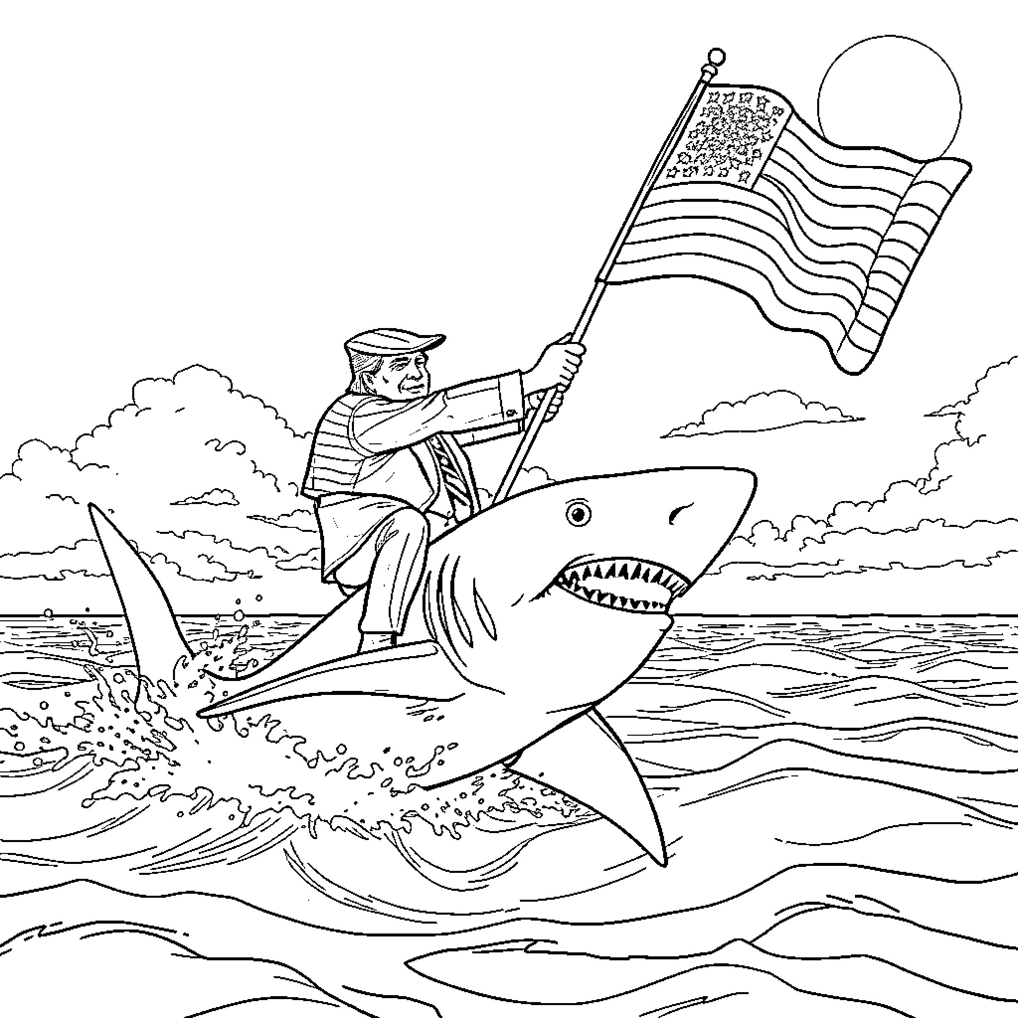 Trump riding a shark and waving American flag Coloring Page (free black-and-white line drawing printable PDF for all, from beginners to advanced learners, including children, teens, adults, and seniors)