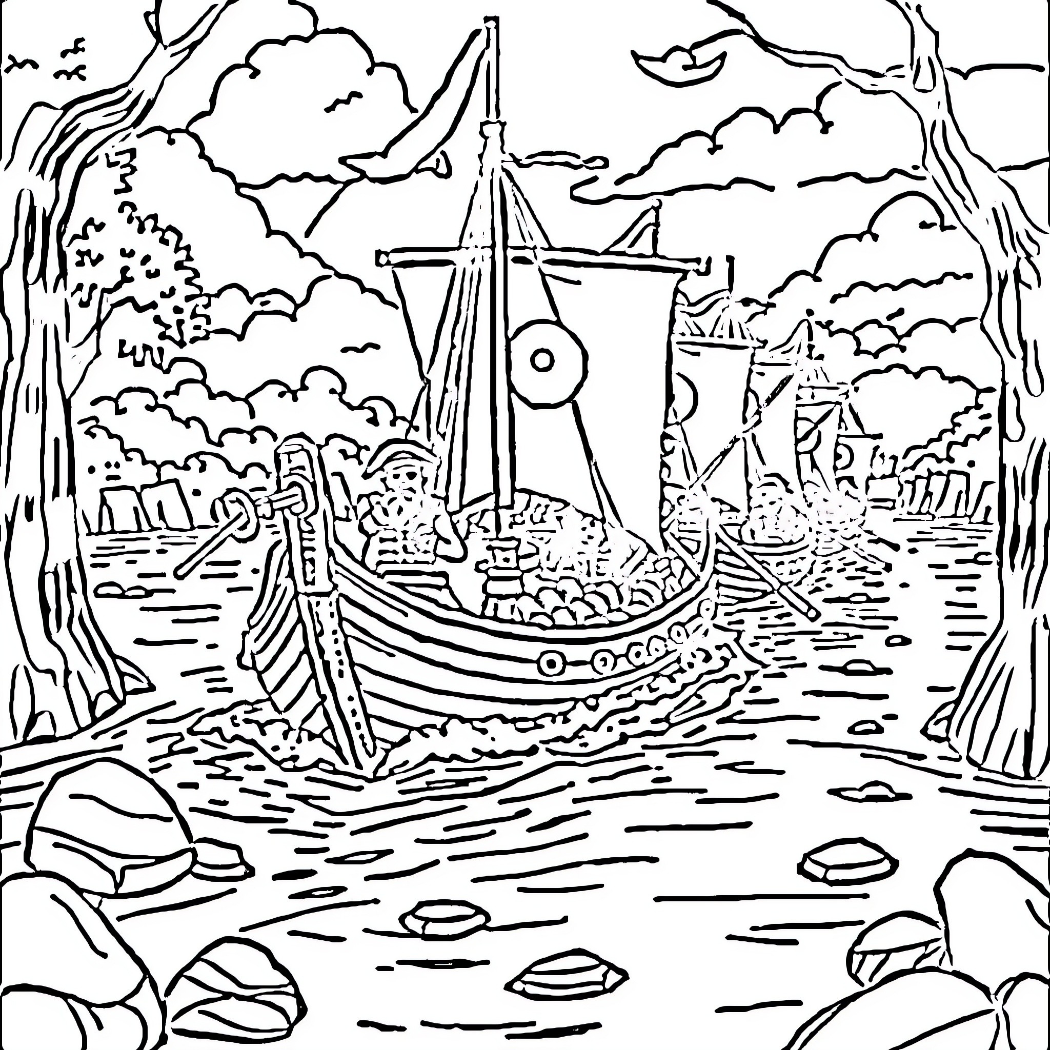 Lobau Pirate ship sailing on the high seas Coloring Page (free black-and-white line drawing printable PDF for all, from beginners to advanced learners, including children, teens, adults, and seniors)