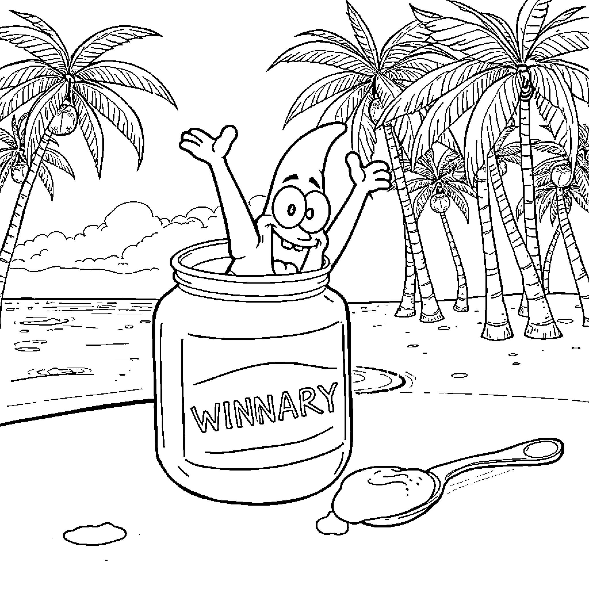 Patrick relaxing in a can on a tropical beach Coloring Page (free black-and-white line drawing printable PDF for all, from beginners to advanced learners, including children, teens, adults, and seniors)