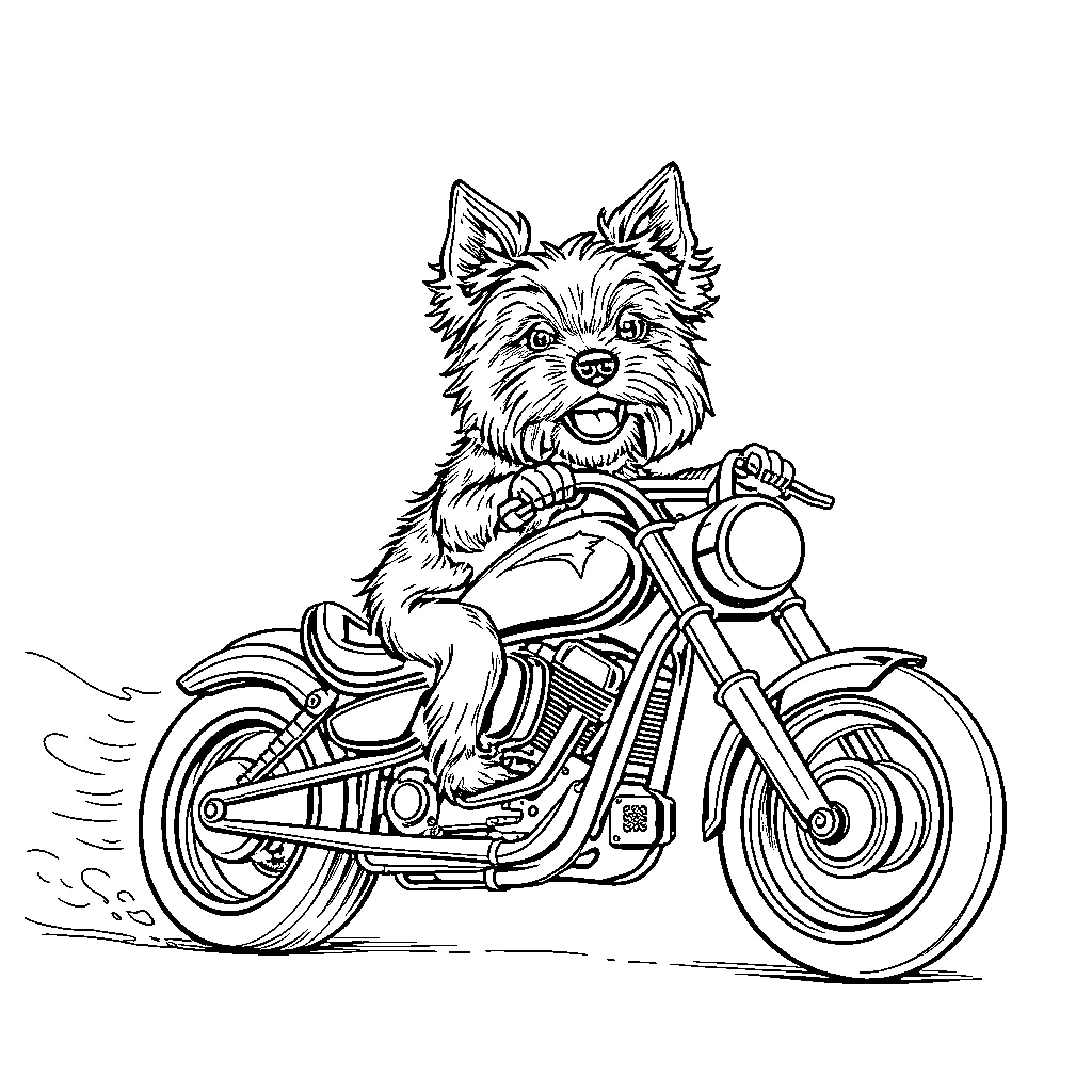 Yorkie riding motorcycle with excitement Coloring Page (free black-and-white line drawing printable PDF for all, from beginners to advanced learners, including children, teens, adults, and seniors)