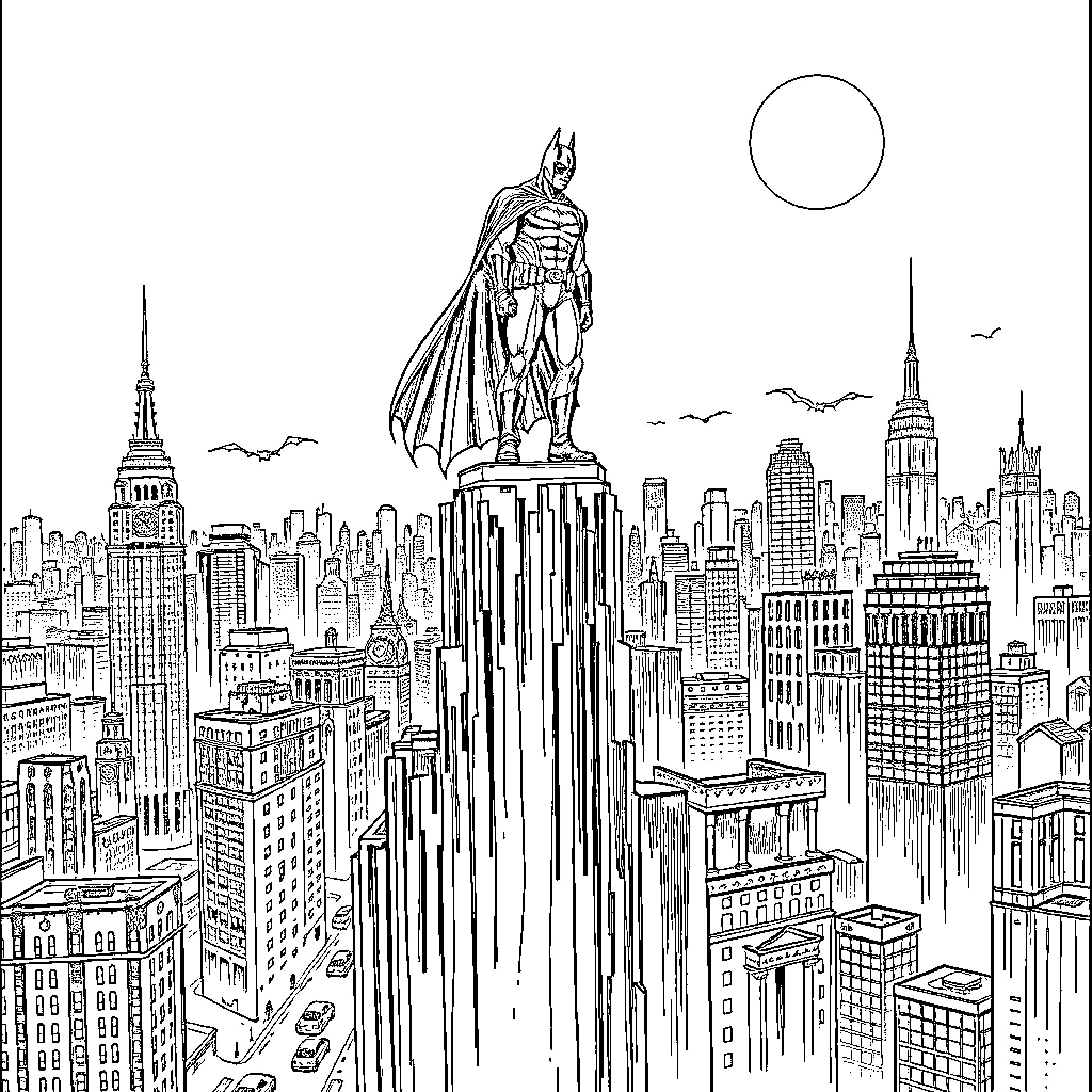 Batman overlooking the city skyline Coloring Page (free black-and-white line drawing printable PDF for all, from beginners to advanced learners, including children, teens, adults, and seniors)