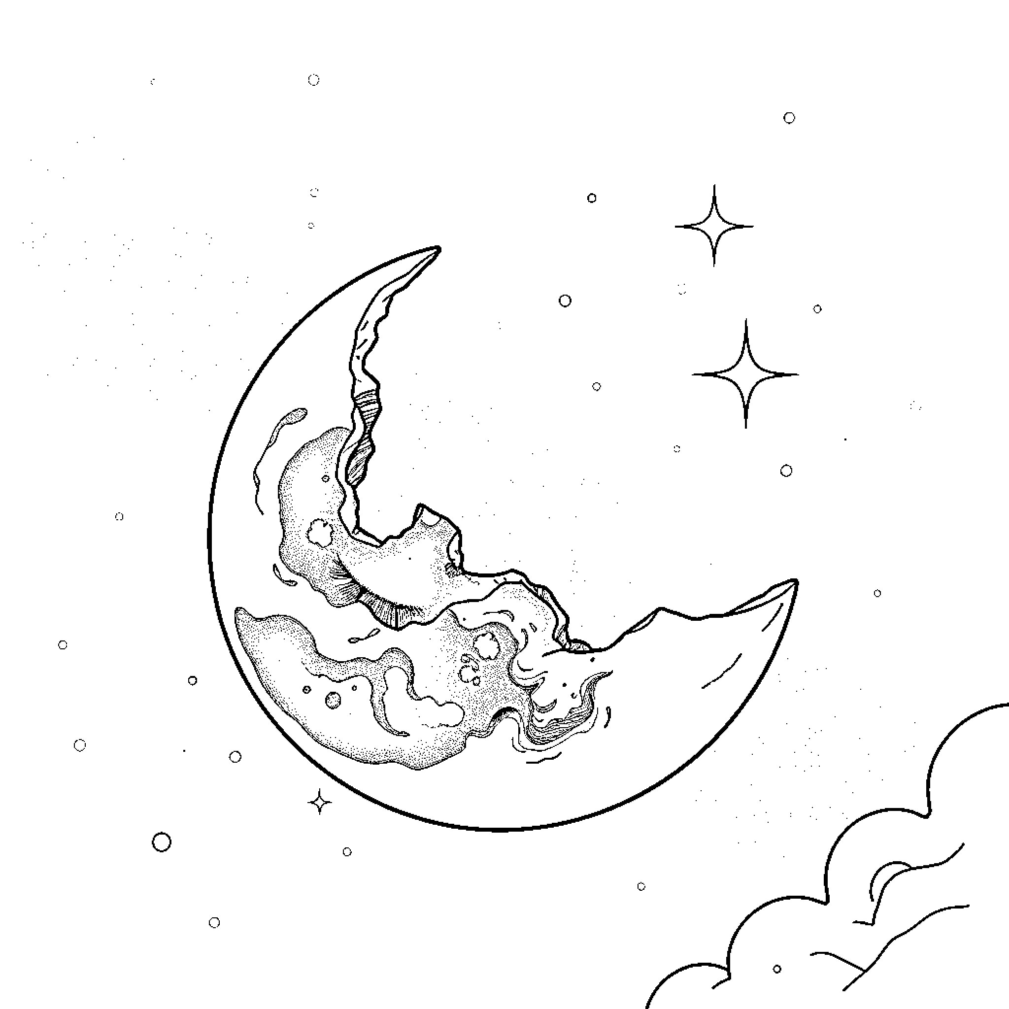 Moon Resting in Starry Night Sky Coloring Page (free black-and-white line drawing printable PDF for all, from beginners to advanced learners, including children, teens, adults, and seniors)