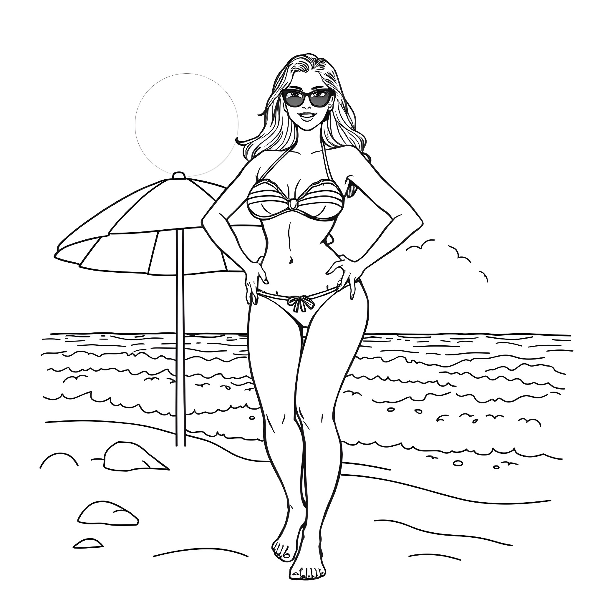 Lady enjoying a sunny day at the beach Coloring Page (free black-and-white line drawing printable PDF for all, from beginners to advanced learners, including children, teens, adults, and seniors)