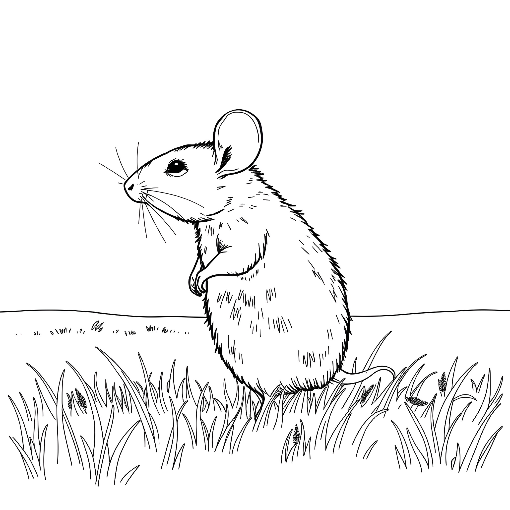 Mouse exploring the grassy field Coloring Page (free black-and-white line drawing printable PDF for all, from beginners to advanced learners, including children, teens, adults, and seniors)
