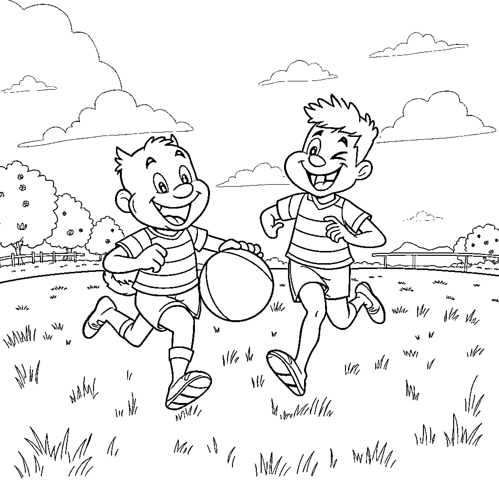 Bluey characters playing happily in the park Coloring Page (free black-and-white line drawing printable PDF for all, from beginners to advanced learners, including children, teens, adults, and seniors)