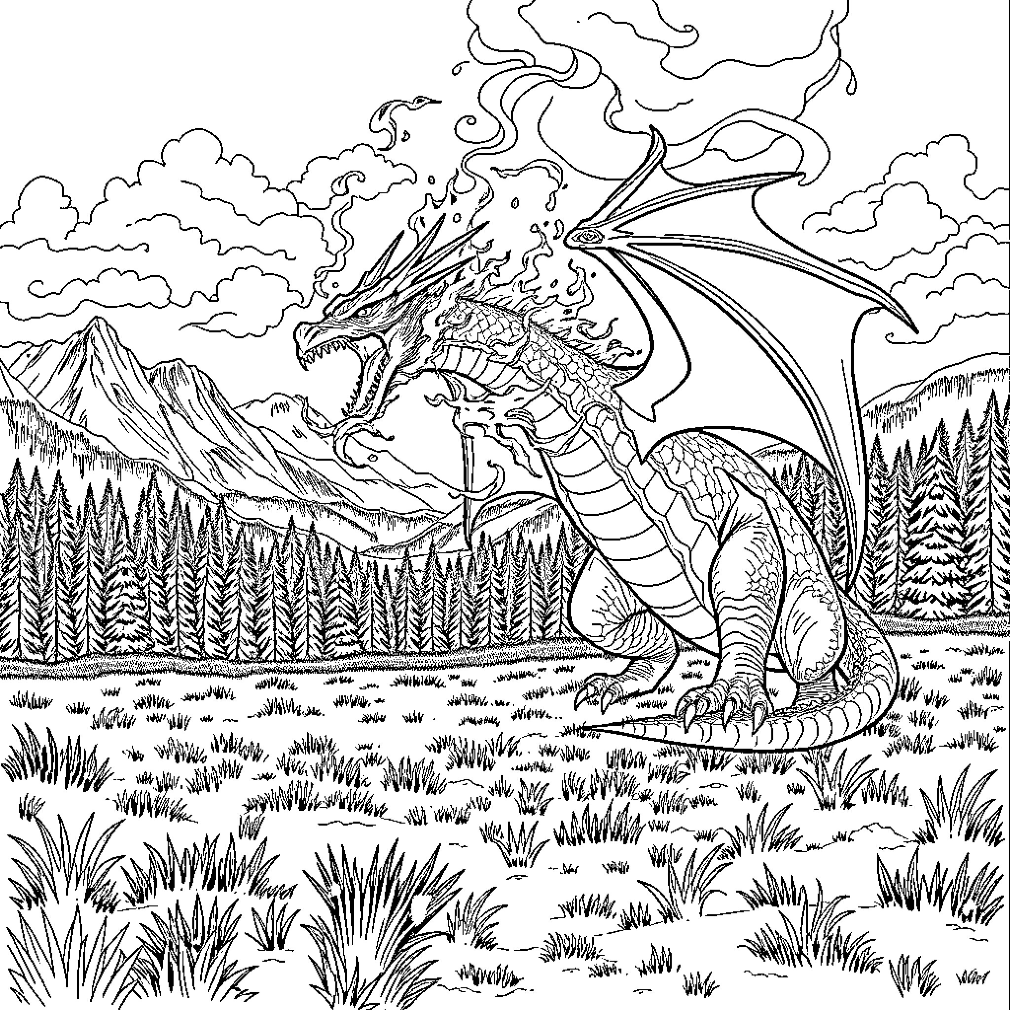 Dragon breathing fire in a mountainous landscape Coloring Page (free black-and-white line drawing printable PDF for all, from beginners to advanced learners, including children, teens, adults, and seniors)