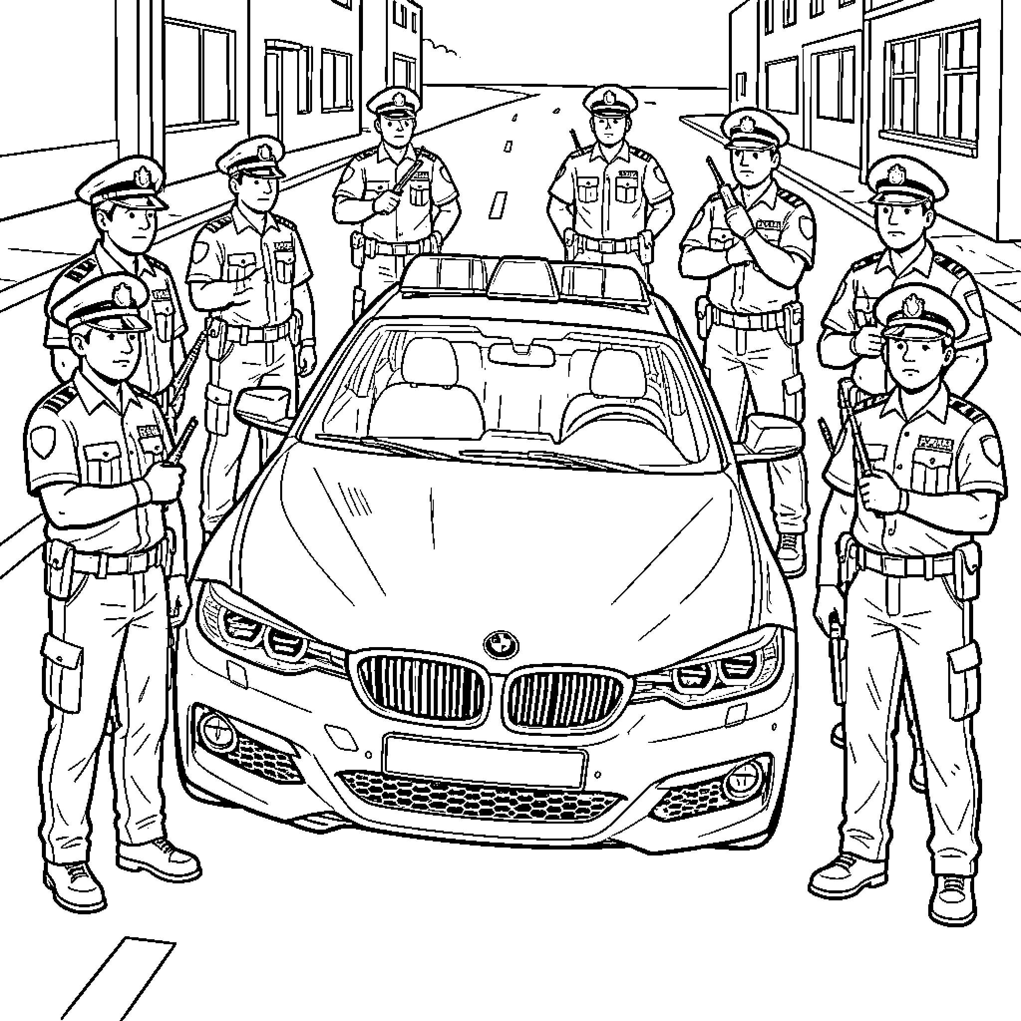 BMW surrounded by police officers standing on a street Coloring Page (free black-and-white line drawing printable PDF for all, from beginners to advanced learners, including children, teens, adults, and seniors)
