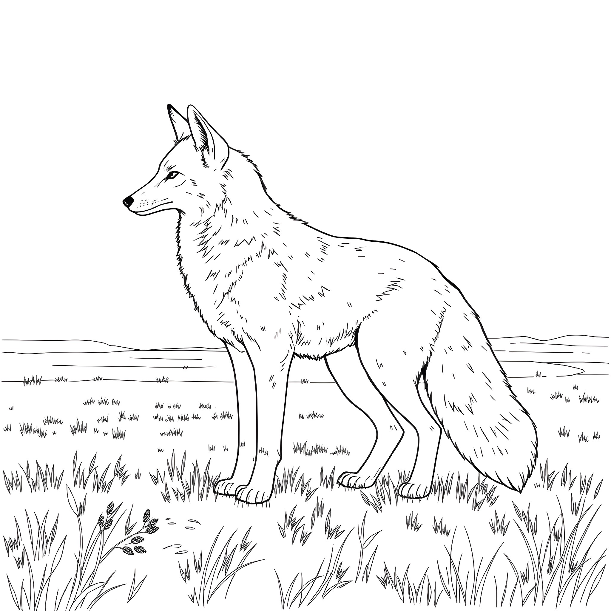 Fox standing alert in the grassy field Coloring Page (free black-and-white line drawing printable PDF for all, from beginners to advanced learners, including children, teens, adults, and seniors)