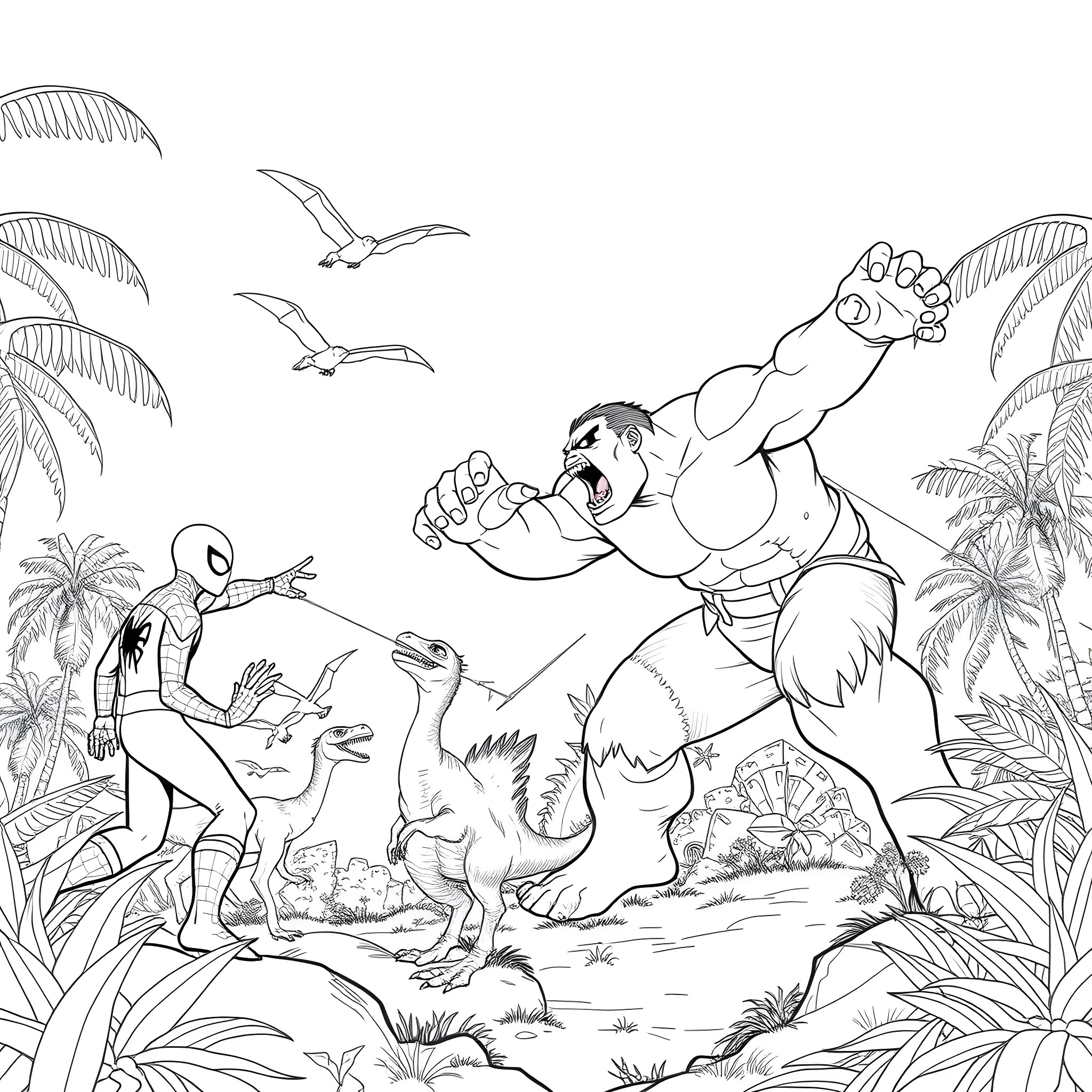 Spidy's Jurassic Adventure Coloring Page (free black-and-white line drawing printable PDF for all, from beginners to advanced learners, including children, teens, adults, and seniors)